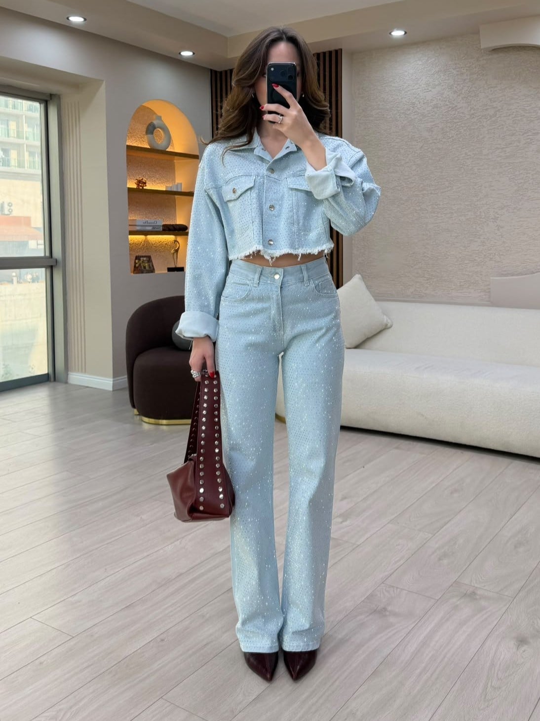 Taş İşlemeli Crop Ceketli Jean Takım NVM-30127