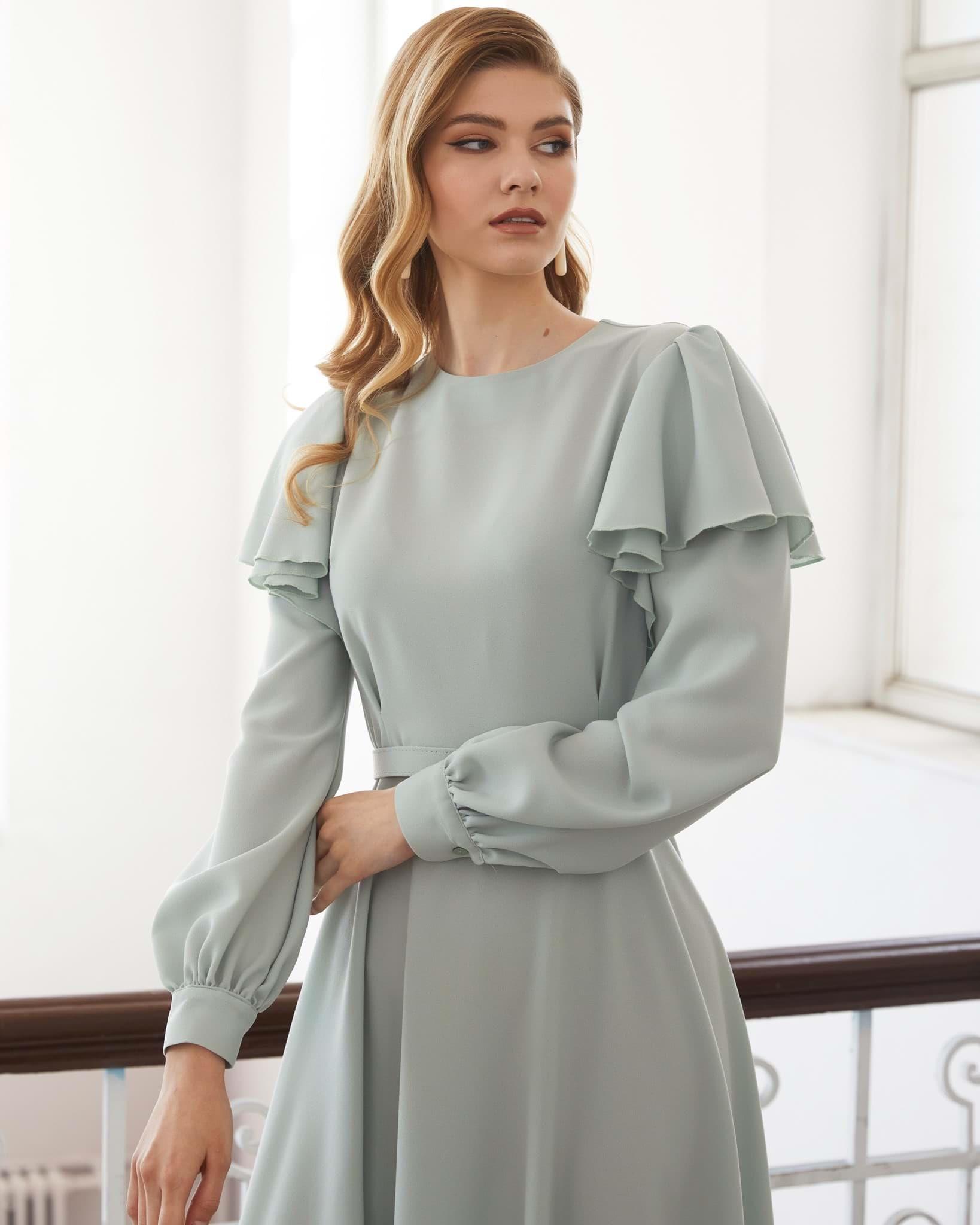 Linen Mint Kolları volanlı özel gün elbise