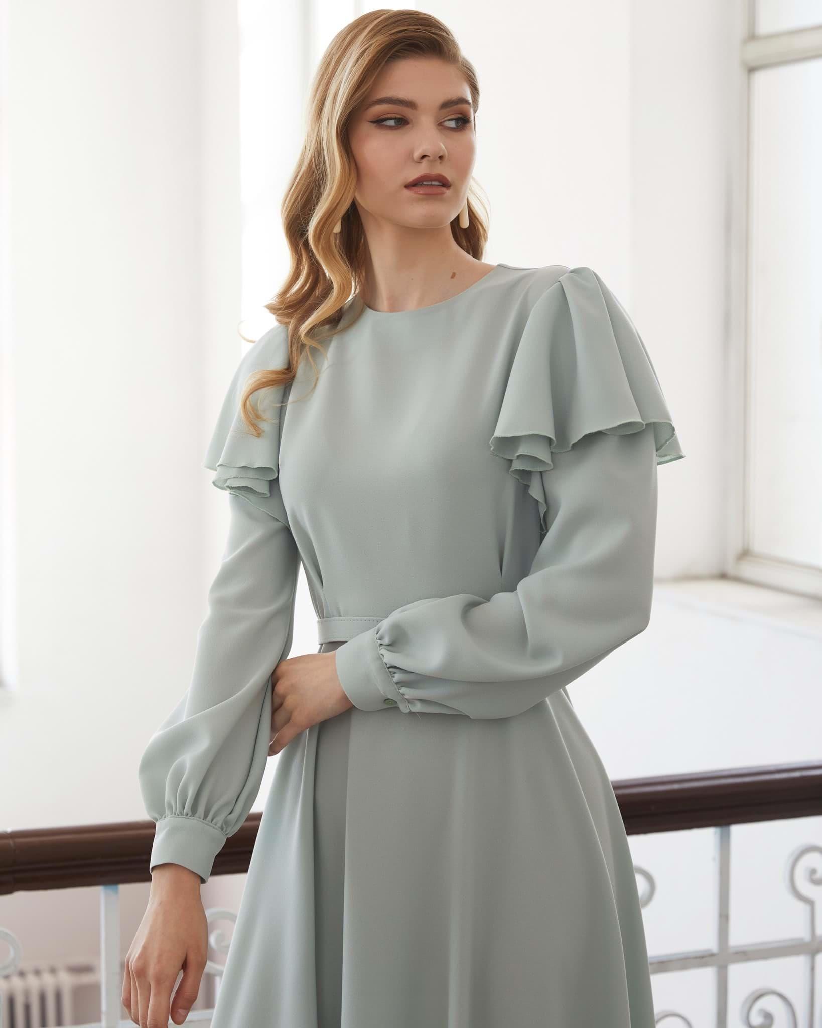 Linen Mint Kolları volanlı özel gün elbise