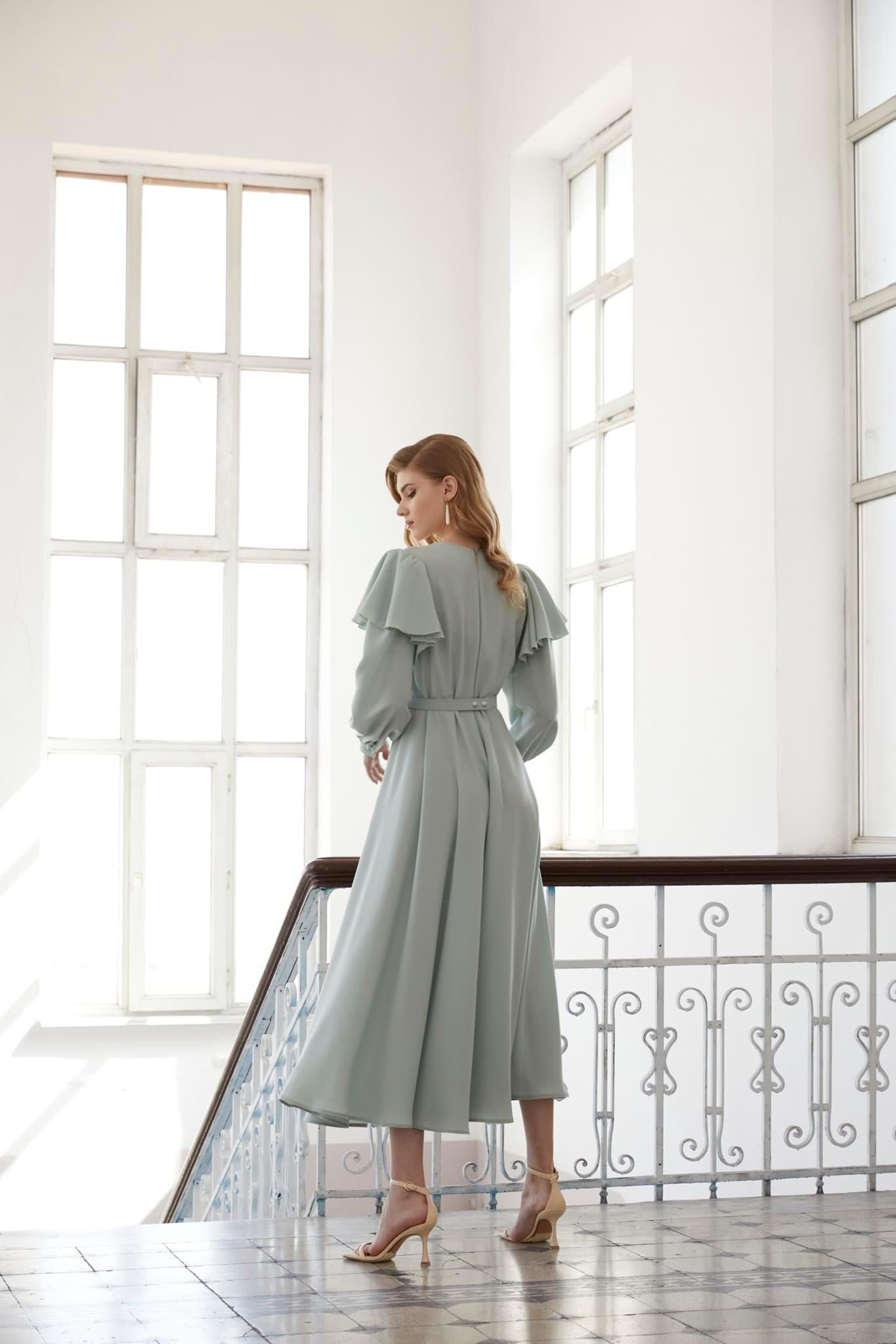 Linen Mint Kolları volanlı özel gün elbise