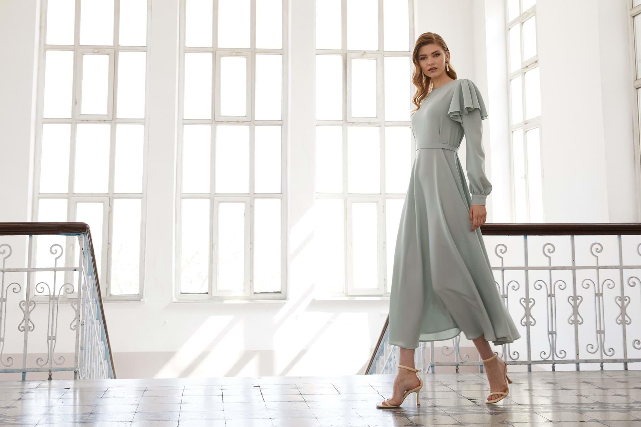 Linen Mint Kolları volanlı özel gün elbise