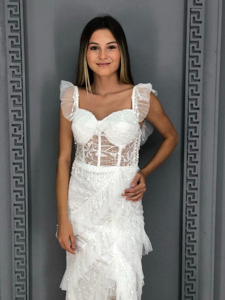 Askılı Kat Kat Eteği Güpürlü Yeni Sezon Transparan Abiye An38665 38665