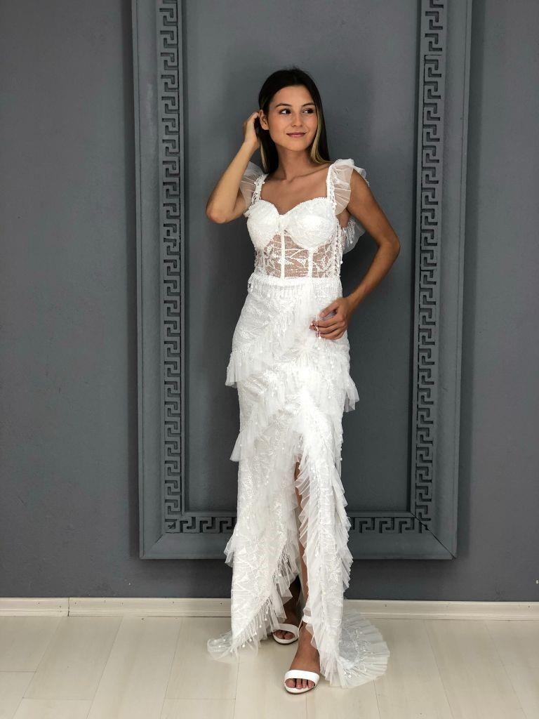 Askılı Kat Kat Eteği Güpürlü Yeni Sezon Transparan Abiye An38665 38665