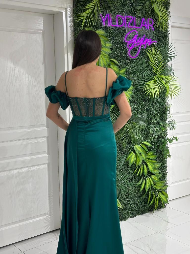 İp Askılı Önü Yırtmaç Detaylı Transparan Boncuk İşlemeli Abiye Elbise En5135 5135