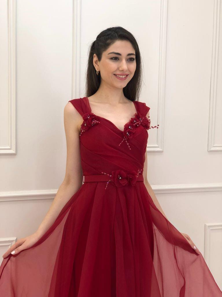Kalın Askılı Üstü Çiçek Desenli Kemerli Yeni Sezon Abiye Elbise En4835 4835