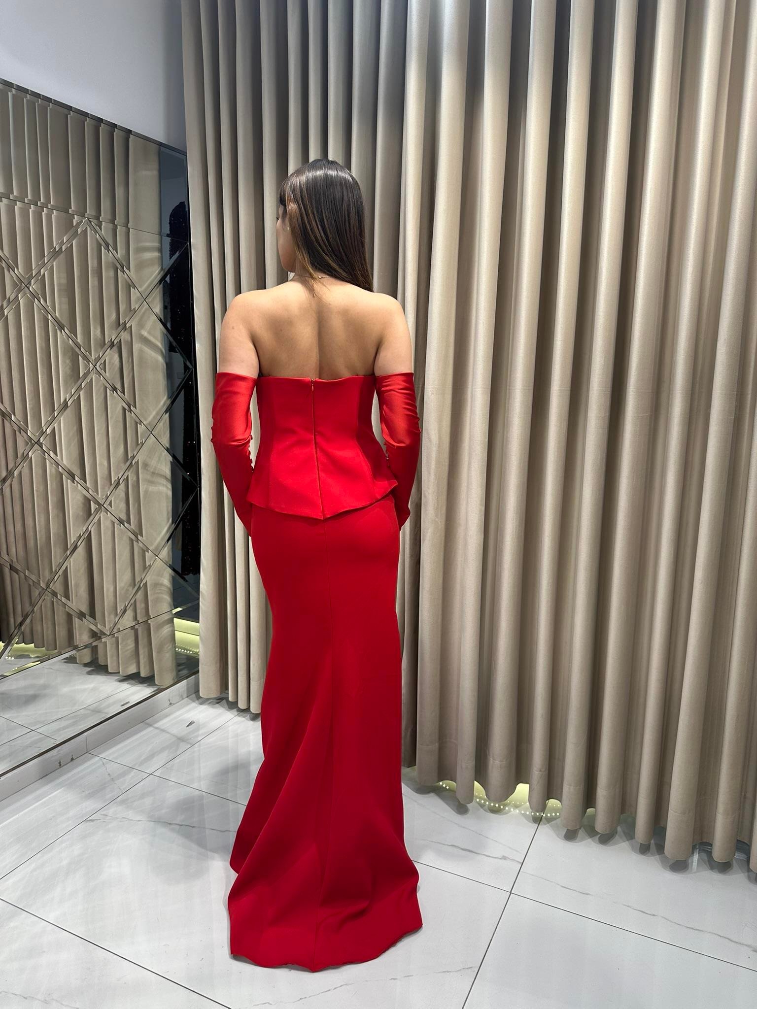 Kırmızı Staplez Eldivenli Balık Model Abiye Elbise | Kaleiçi Yıldızlar