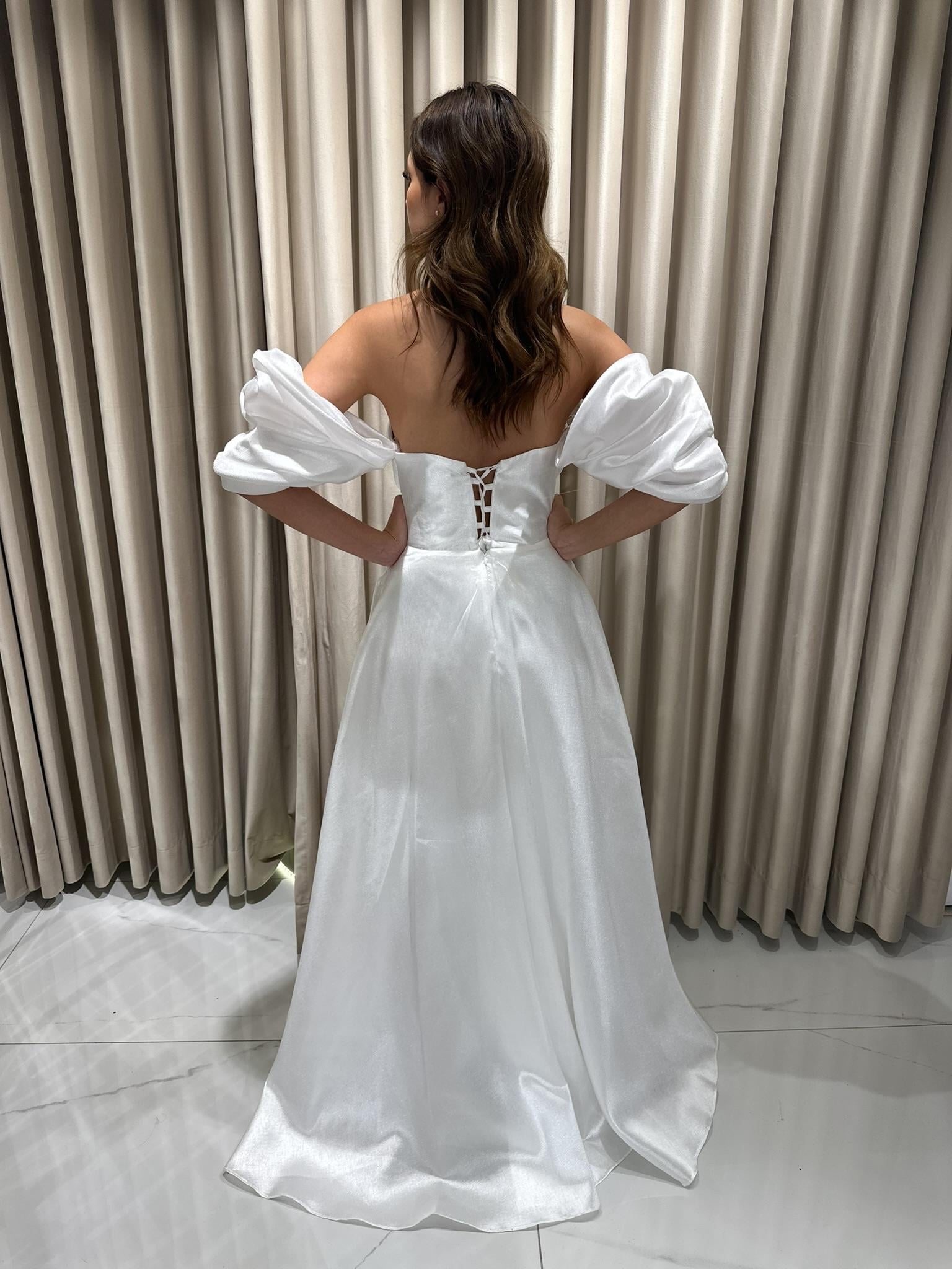 Kolları Balon Şanel Elbise Straplez Model Prenses Kesim Abiye Elbise JN2246