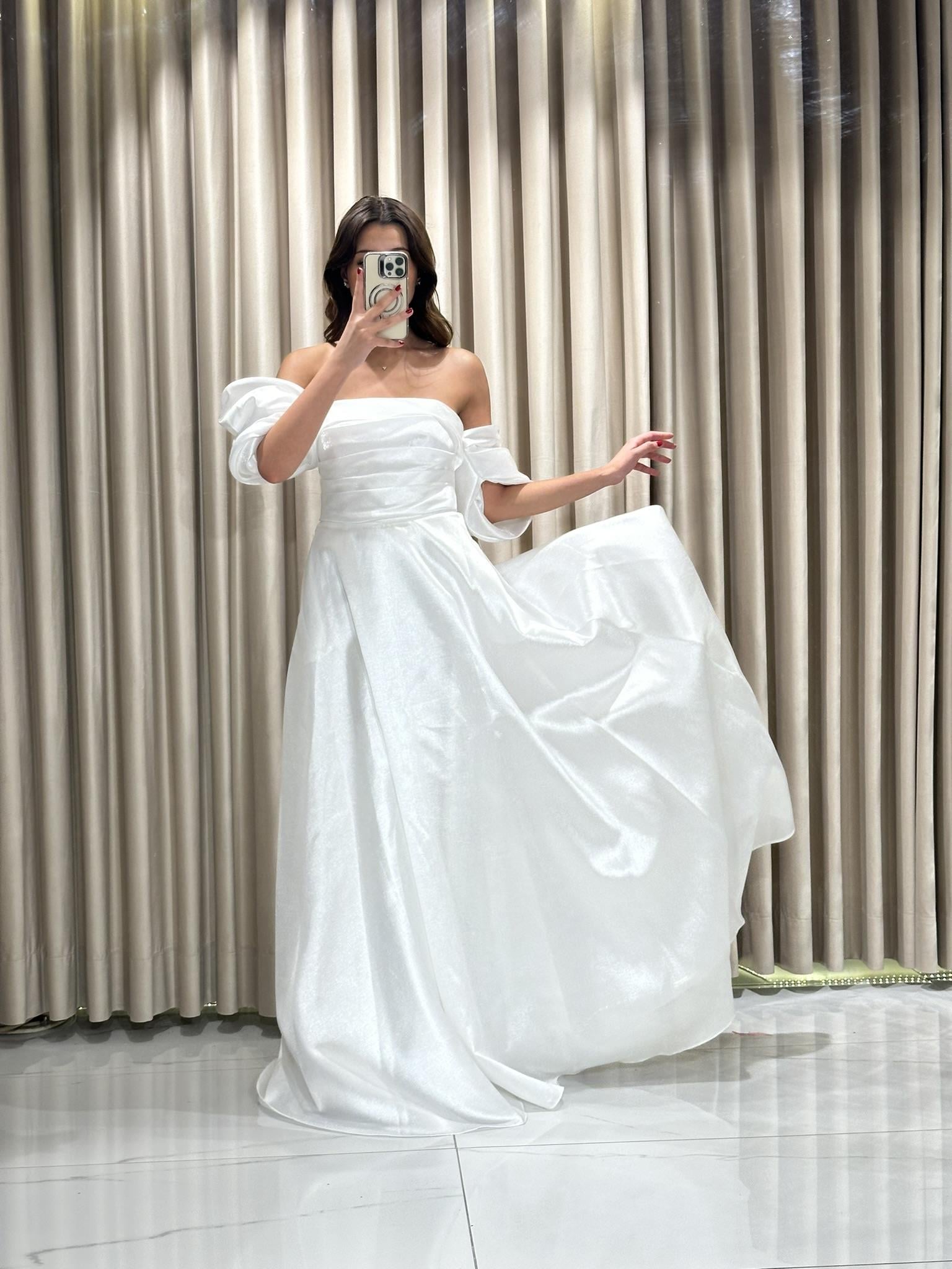 Kolları Balon Şanel Elbise Straplez Model Prenses Kesim Abiye Elbise JN2246