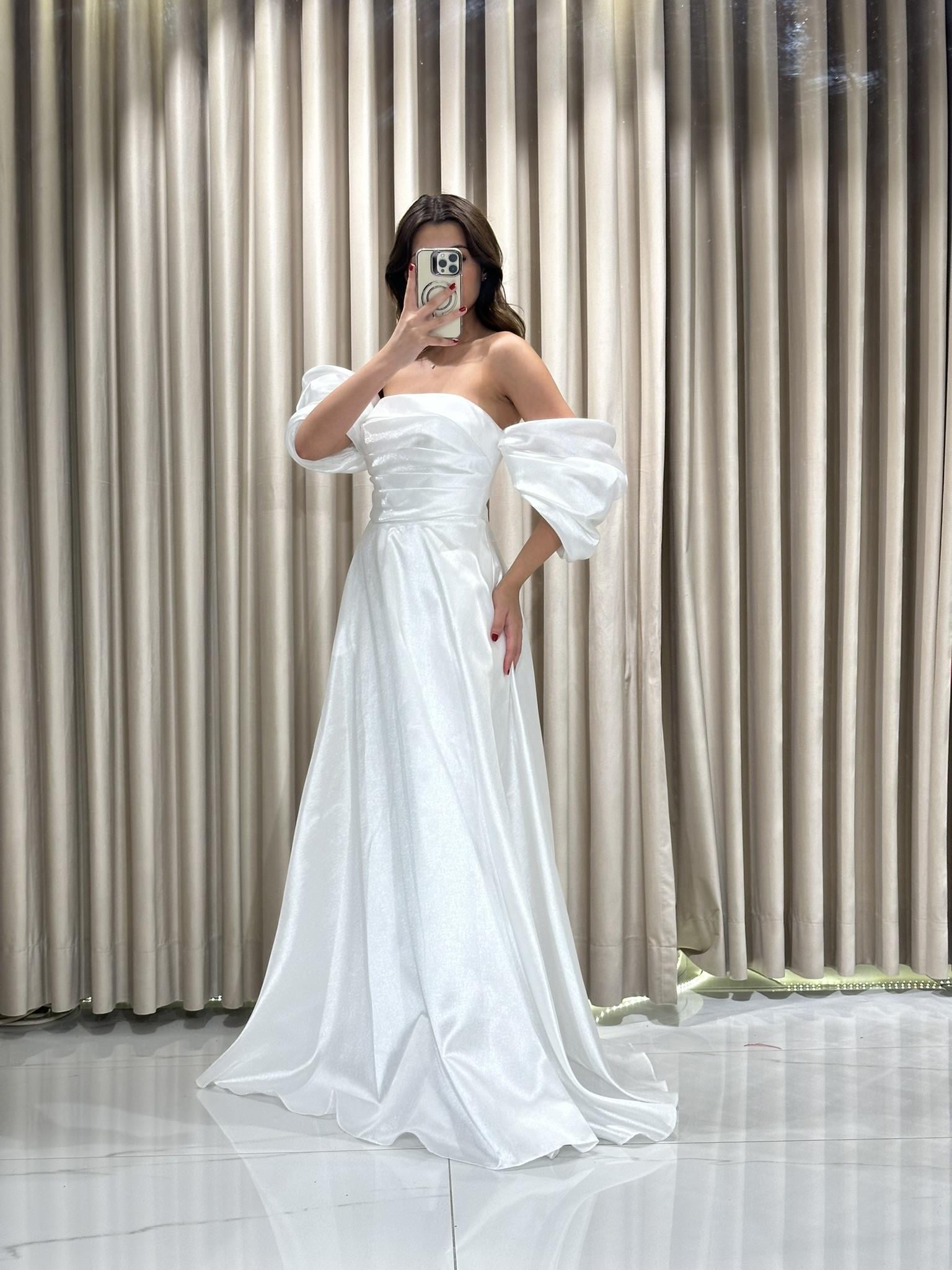 Kolları Balon Şanel Elbise Straplez Model Prenses Kesim Abiye Elbise JN2246