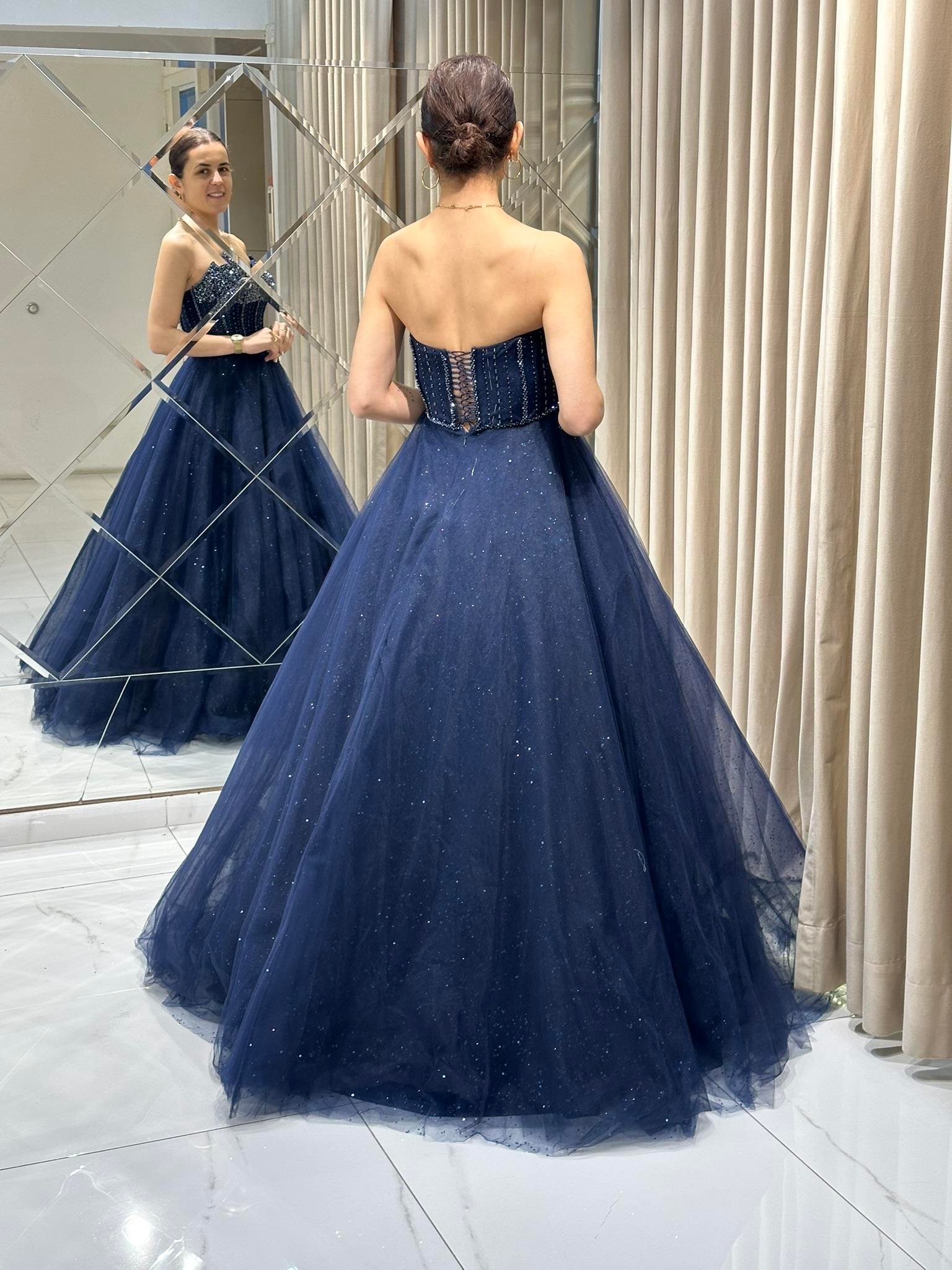 Lacivert Çift Yaka Prenses Model Nişanlık-Abiye Abiye Elbise | Kaleiçi Yıldızlar