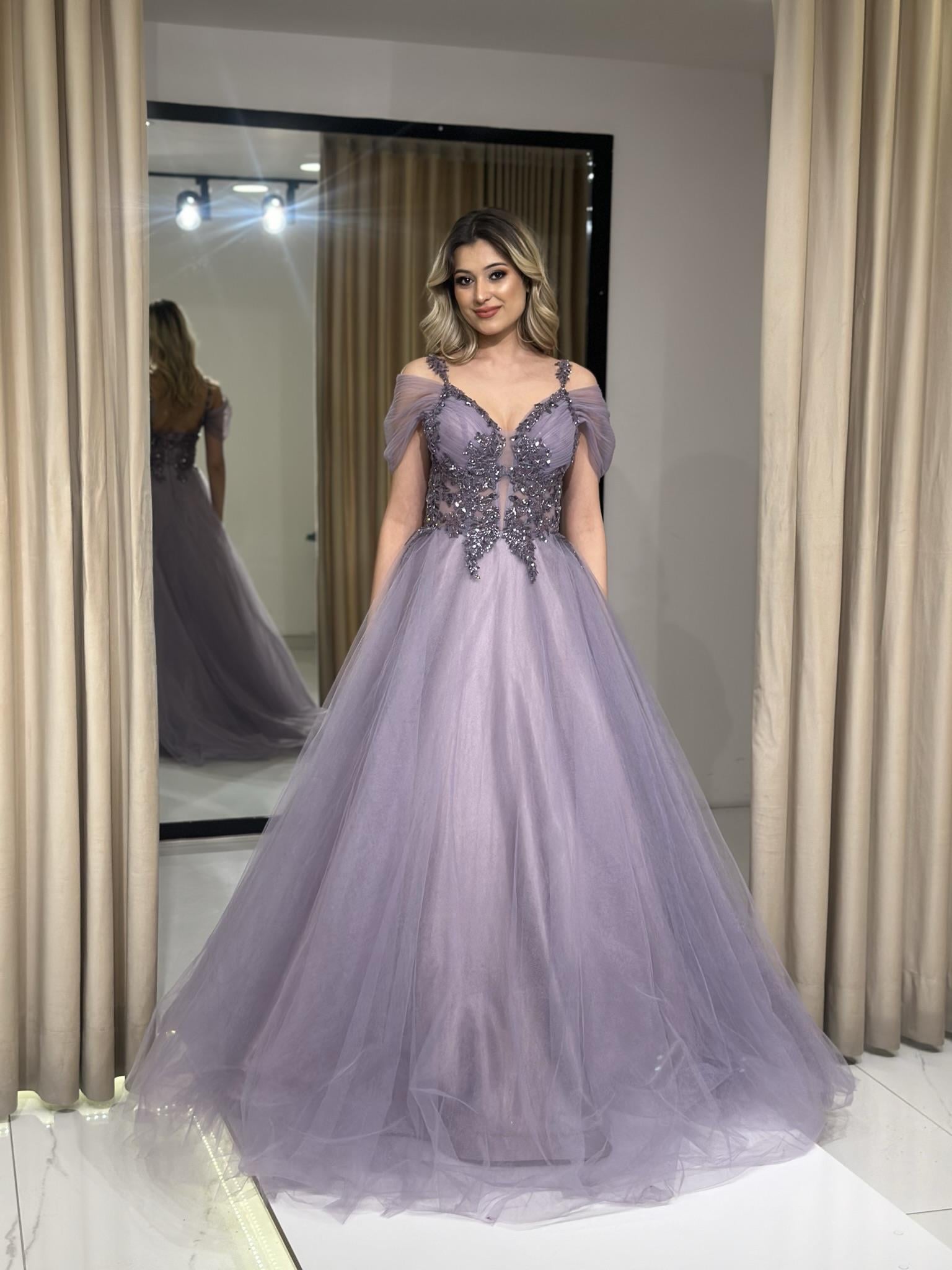 Önü Detaylı Prenses Kesim Tül Kumaş Abiye Elbise DS677