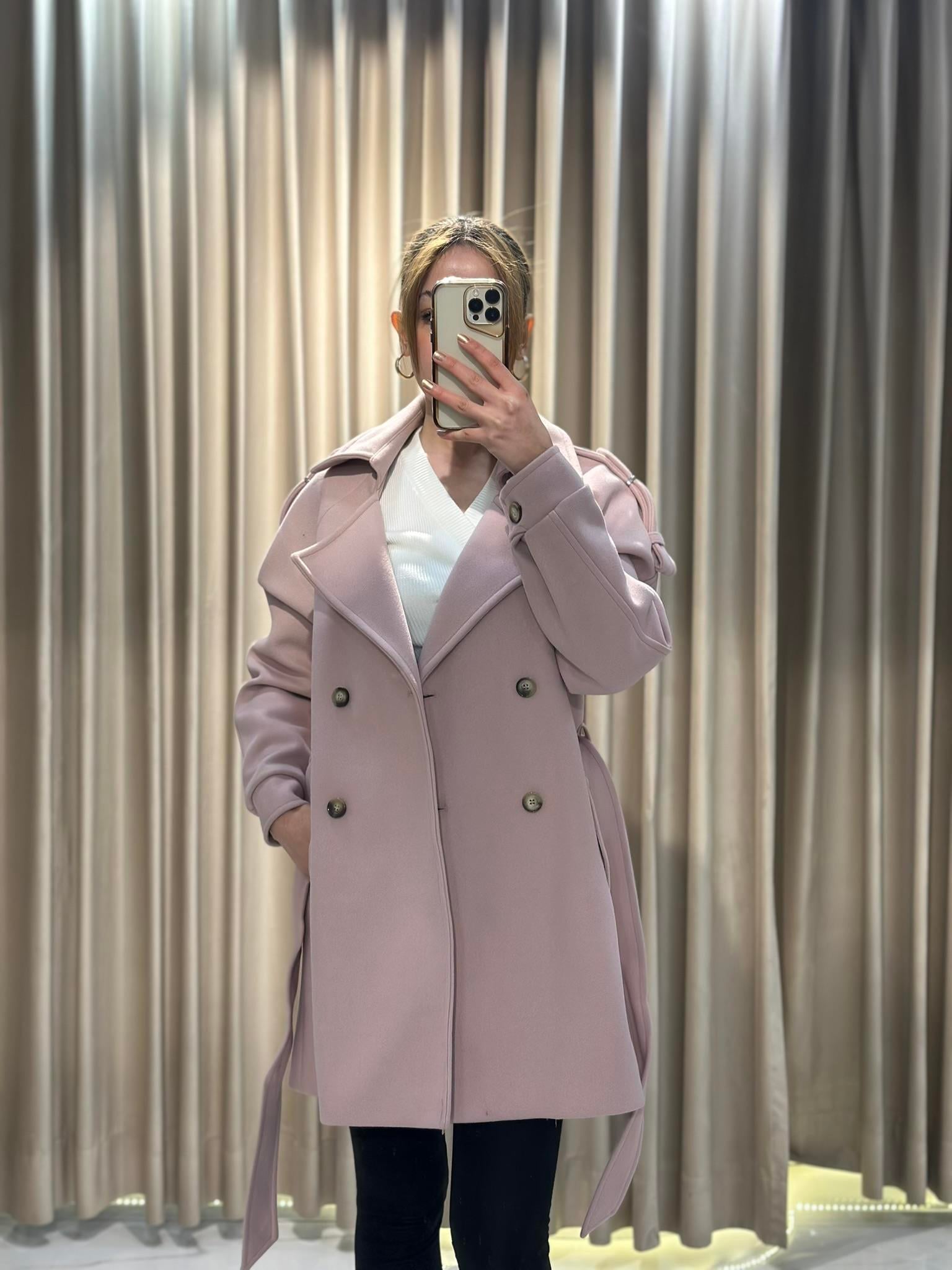 Pembe Yeni Sezon Omuz Apoletli Kaşe Kaban DŞS531 | Kaleiçi Yıldızlar