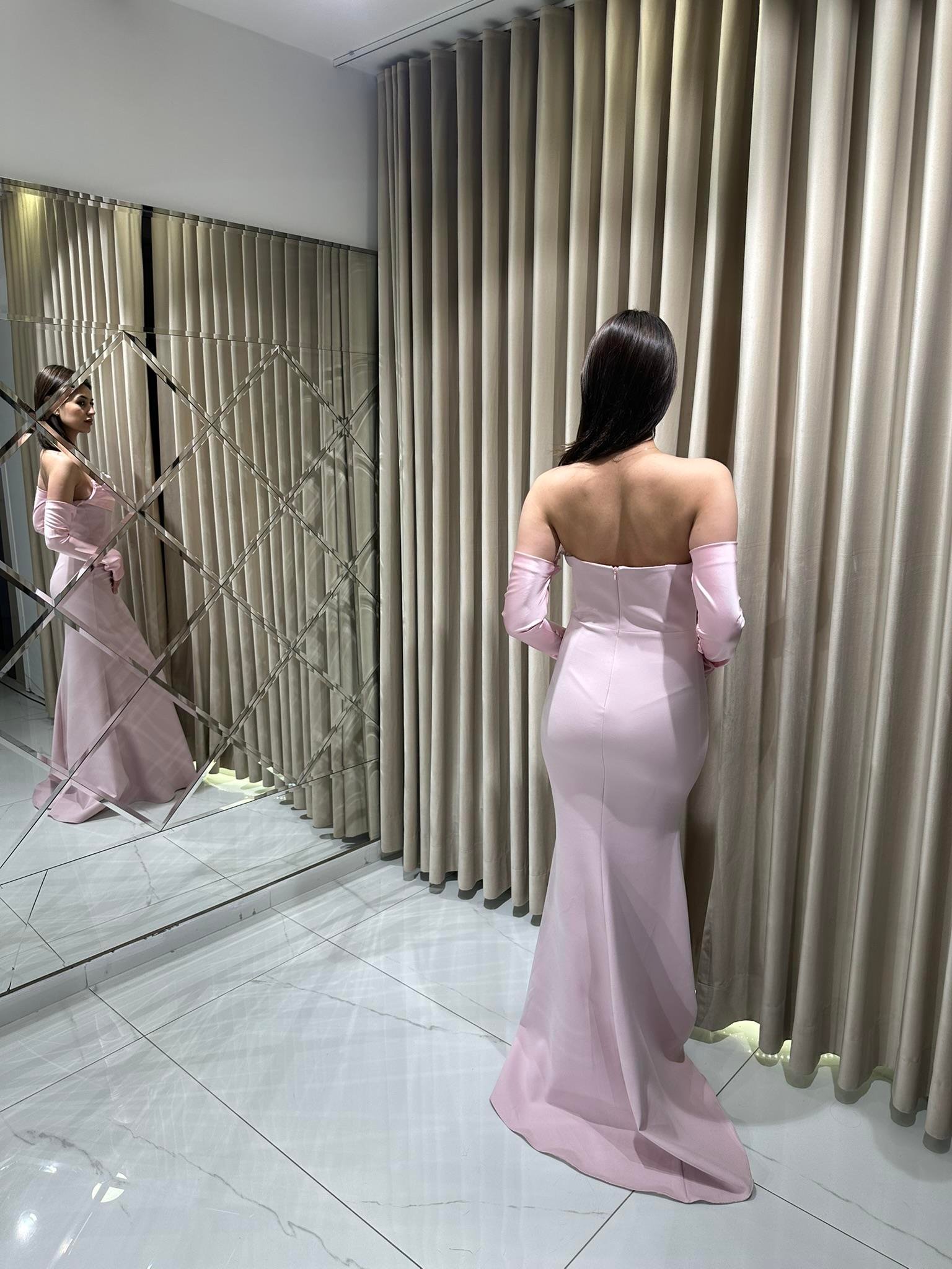 Pembe Straplez Drapeli Seyyar Kollu Abiye Elbise | Kaleiçi Yıldızlar