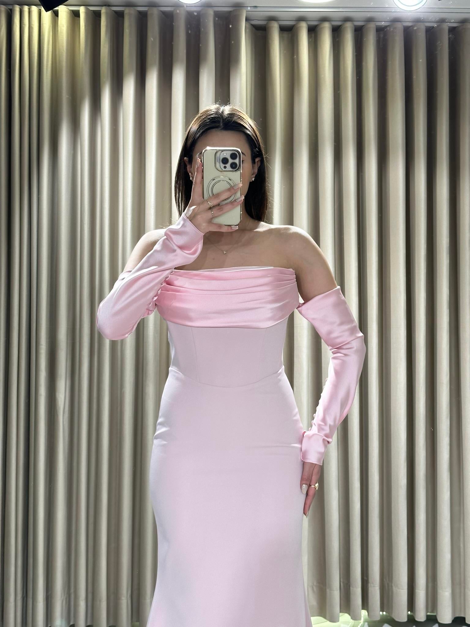 Pembe Straplez Drapeli Seyyar Kollu Abiye Elbise | Kaleiçi Yıldızlar