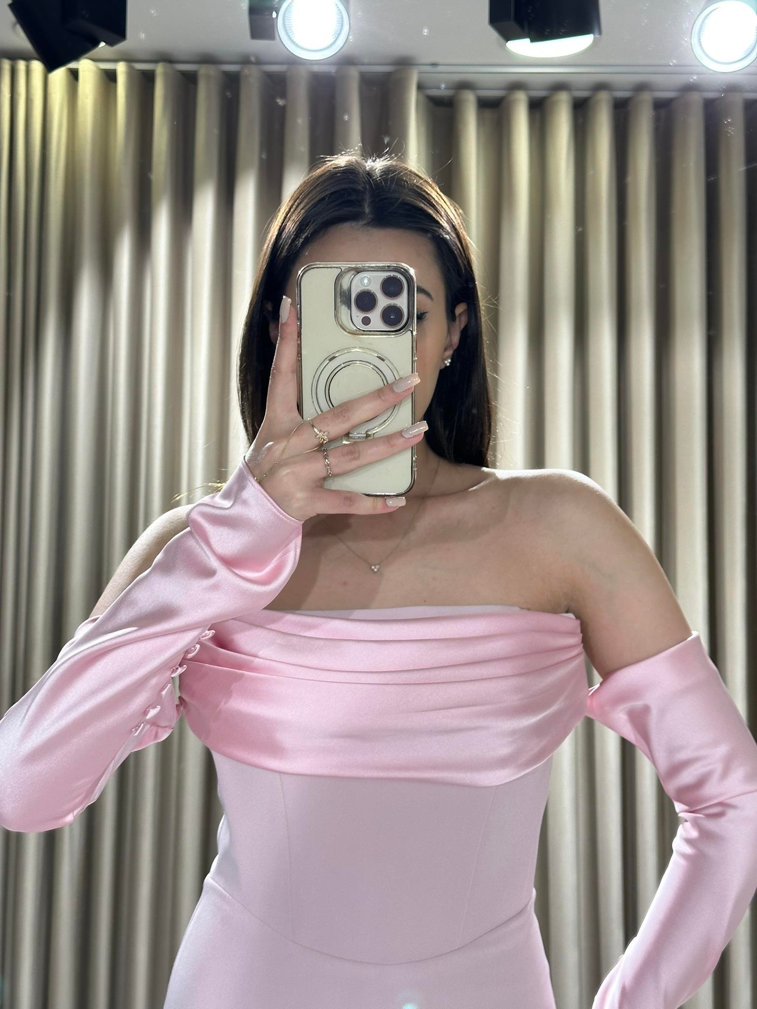 Pembe Straplez Drapeli Seyyar Kollu Abiye Elbise | Kaleiçi Yıldızlar