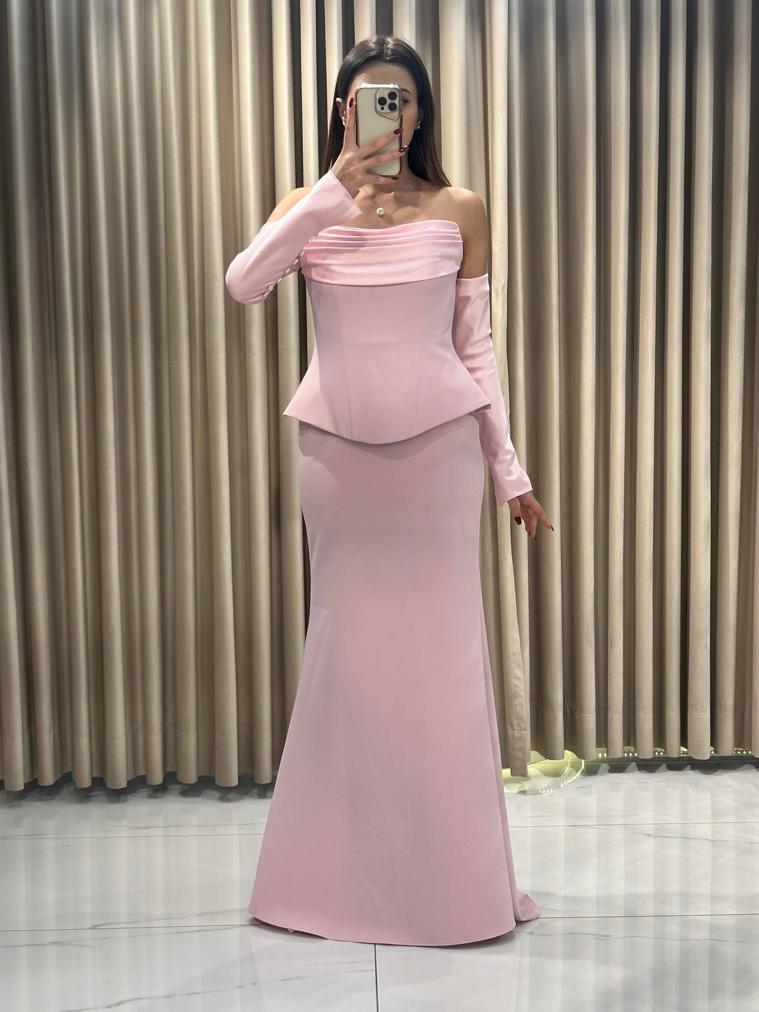 Pudra Staplez Eldivenli Balık Model Abiye Elbise | Kaleiçi Yıldızlar