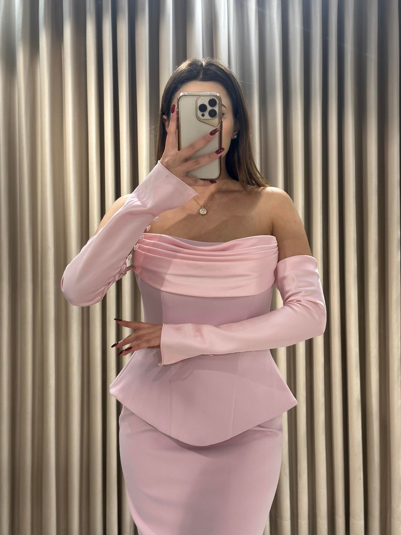 Pudra Staplez Eldivenli Balık Model Abiye Elbise | Kaleiçi Yıldızlar