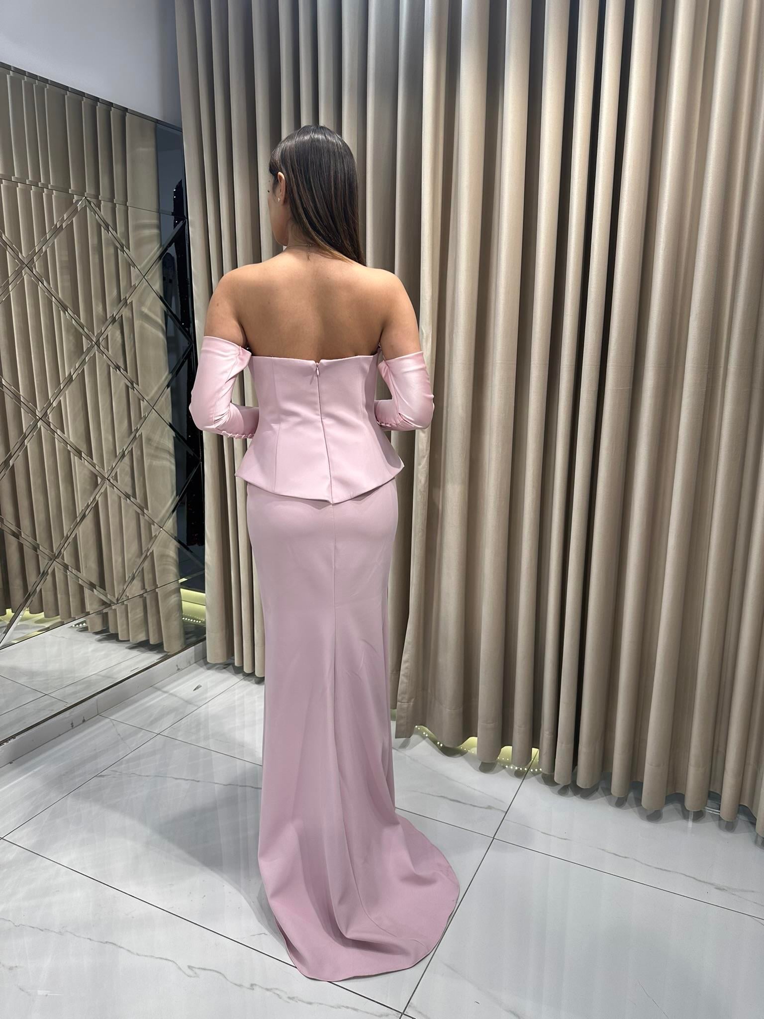 Pudra Staplez Eldivenli Balık Model Abiye Elbise | Kaleiçi Yıldızlar