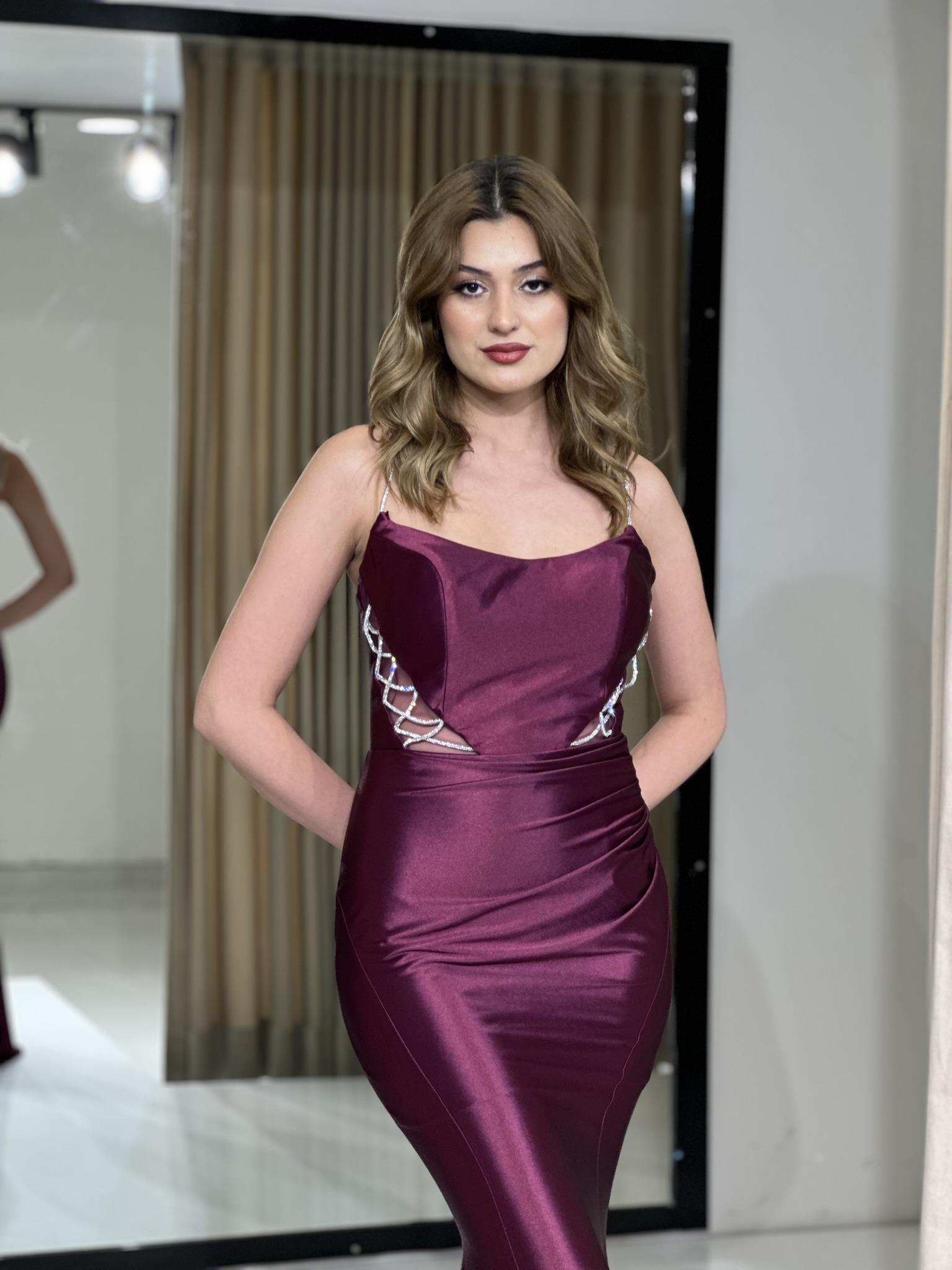 Saten Balık Model İp Askılı Uzun Abiye Elbise RK5169