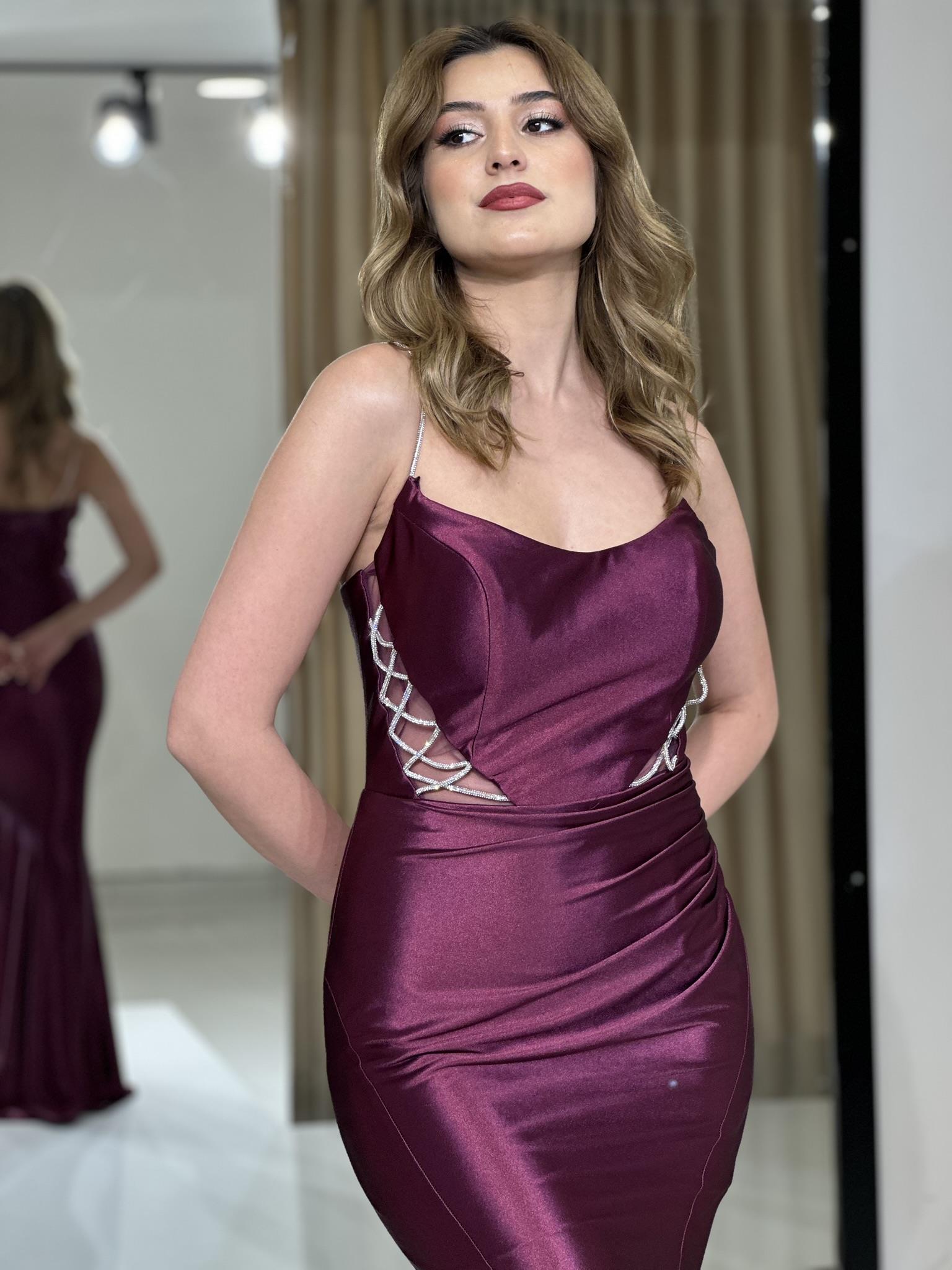 Saten Balık Model İp Askılı Uzun Abiye Elbise RK5169