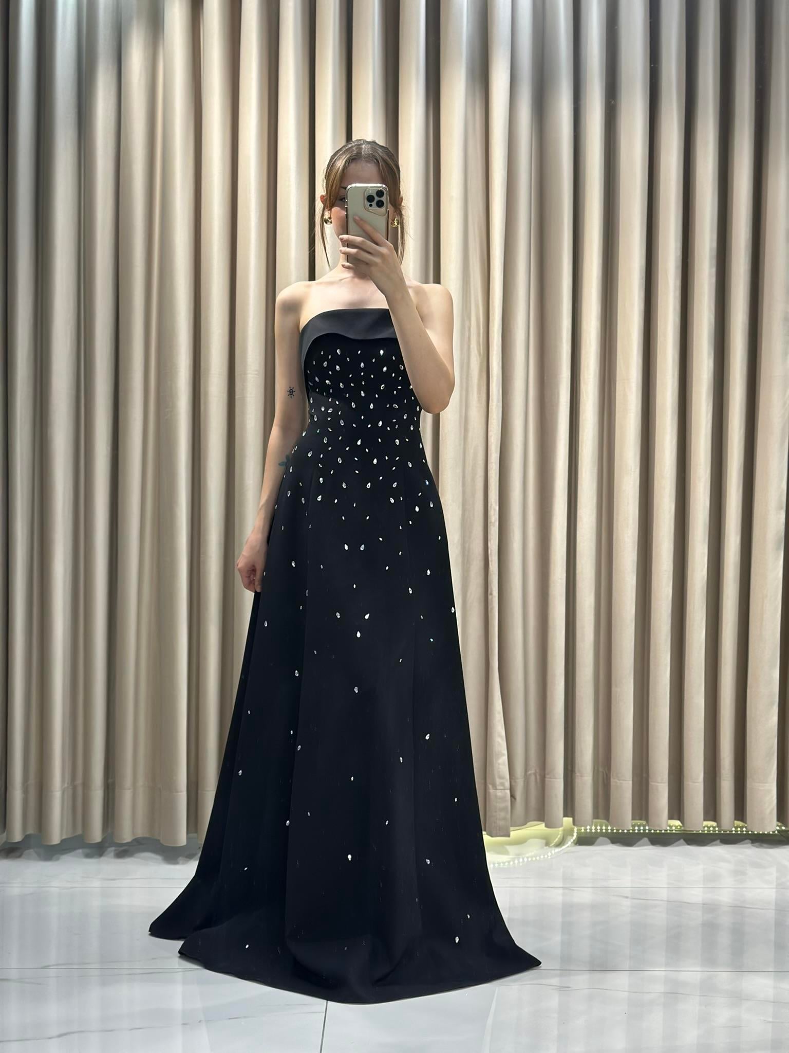 Siyah Straplez Damla Taş Model Çan Model Abiye Elbise | Kaleiçi Yıldızlar