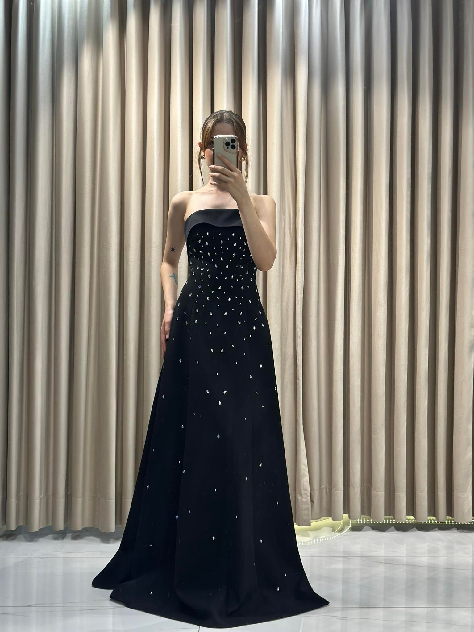 Siyah Straplez Damla Taş Model Çan Model Abiye Elbise | Kaleiçi Yıldızlar