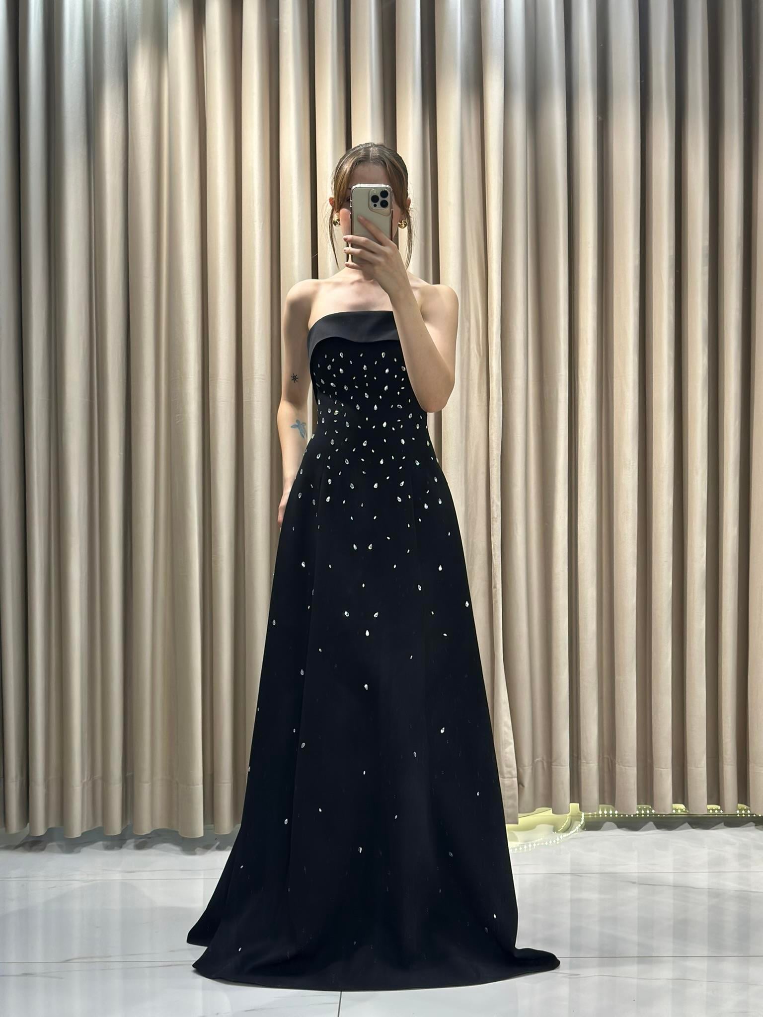 Siyah Straplez Damla Taş Model Çan Model Abiye Elbise | Kaleiçi Yıldızlar