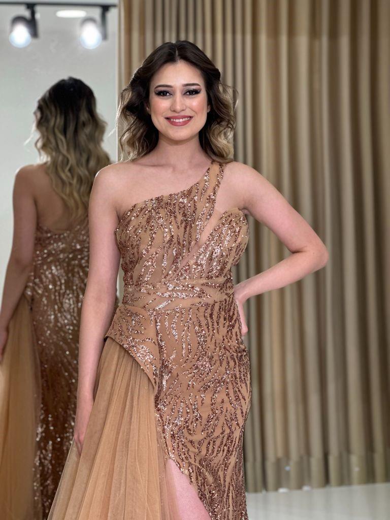 Tek Omuz Sim Baskılı  Özel Tasarım Yeni Sezon Abiye Elbise Le692 692