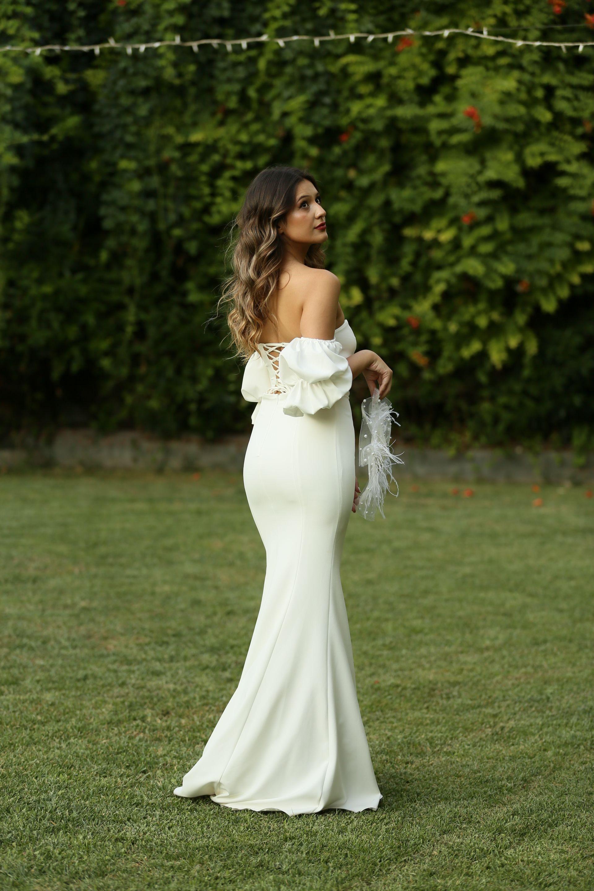 Yıldızlar Kadın  İp Askılı Balon Kol Arkası Brit Bağlamalı Krep Balık Abiye Fn7233 7233