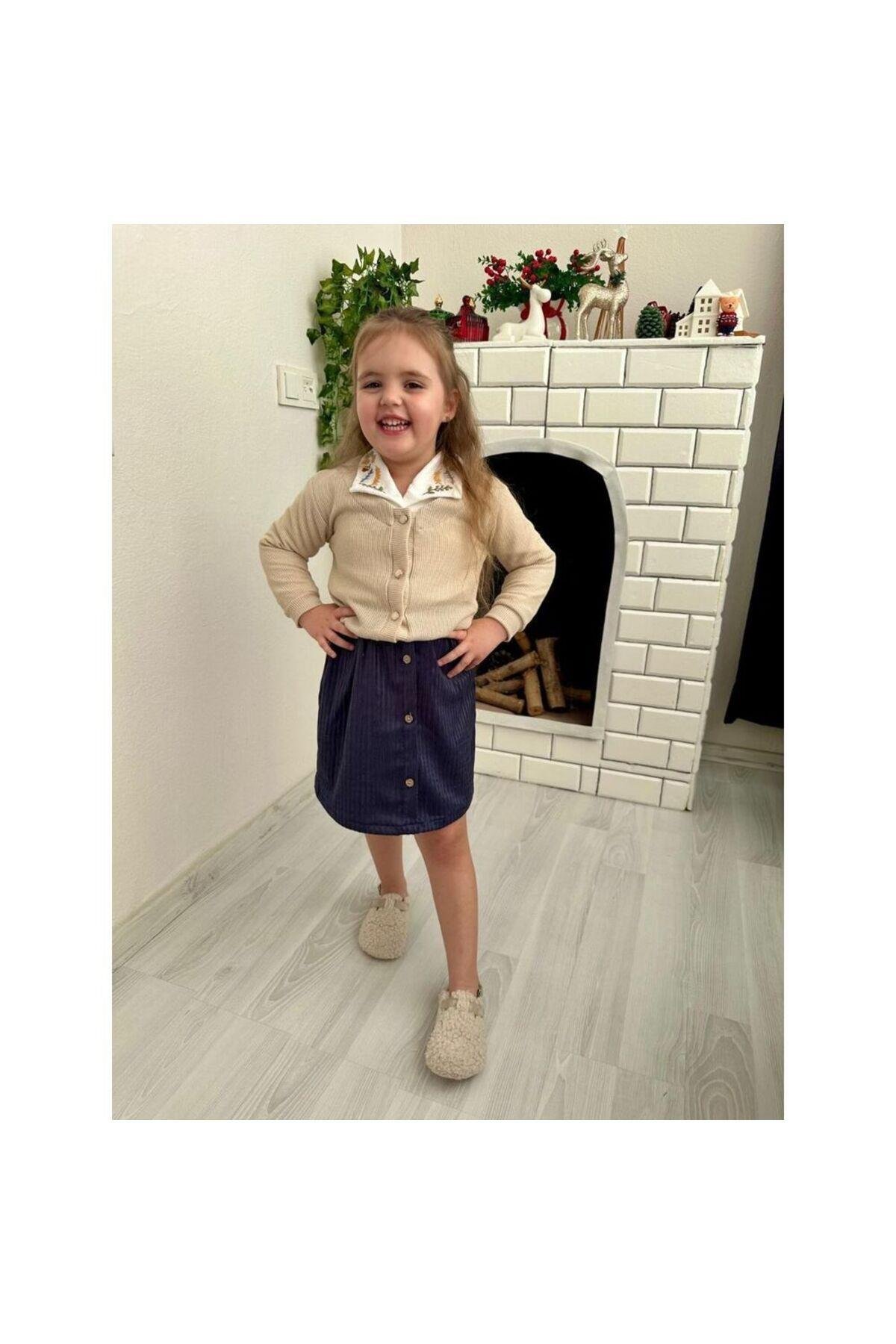 Kidsroom Yaka Nakışlı Kadife Etekli Kız Çocuk Takımı