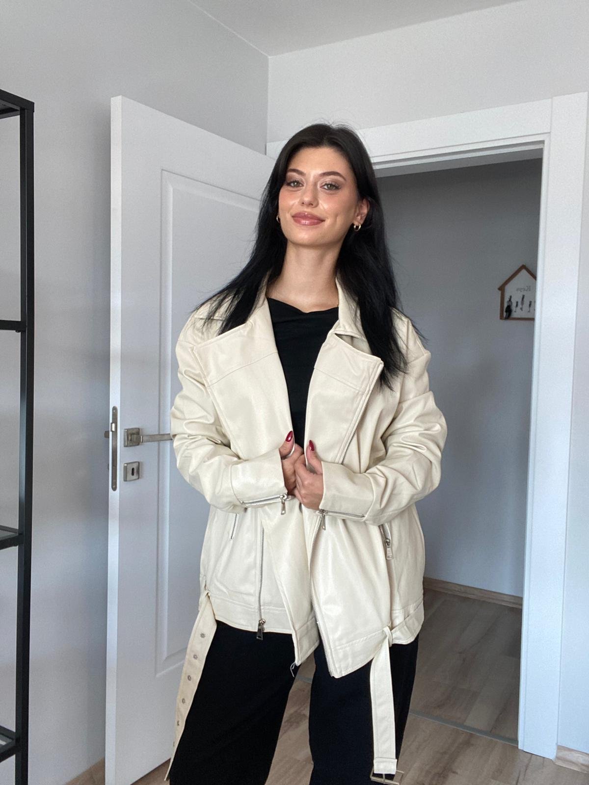 Bej Oversize Deri Ceket