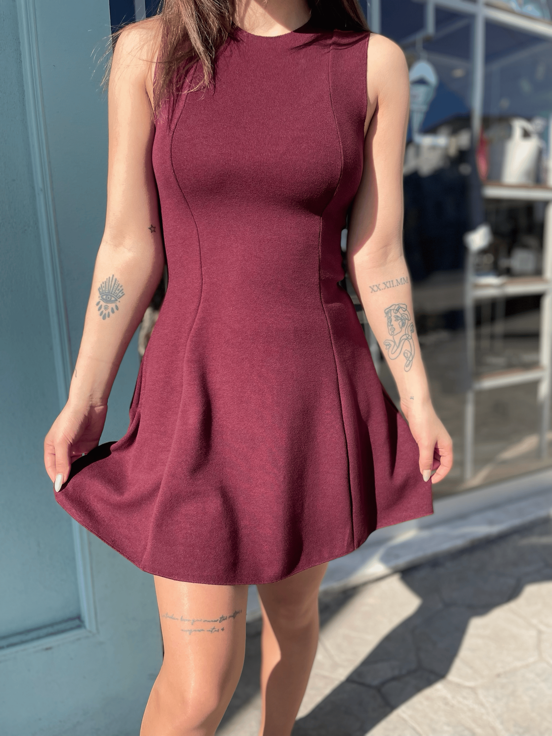 Bordo Sıfır Kol Mini Elbise