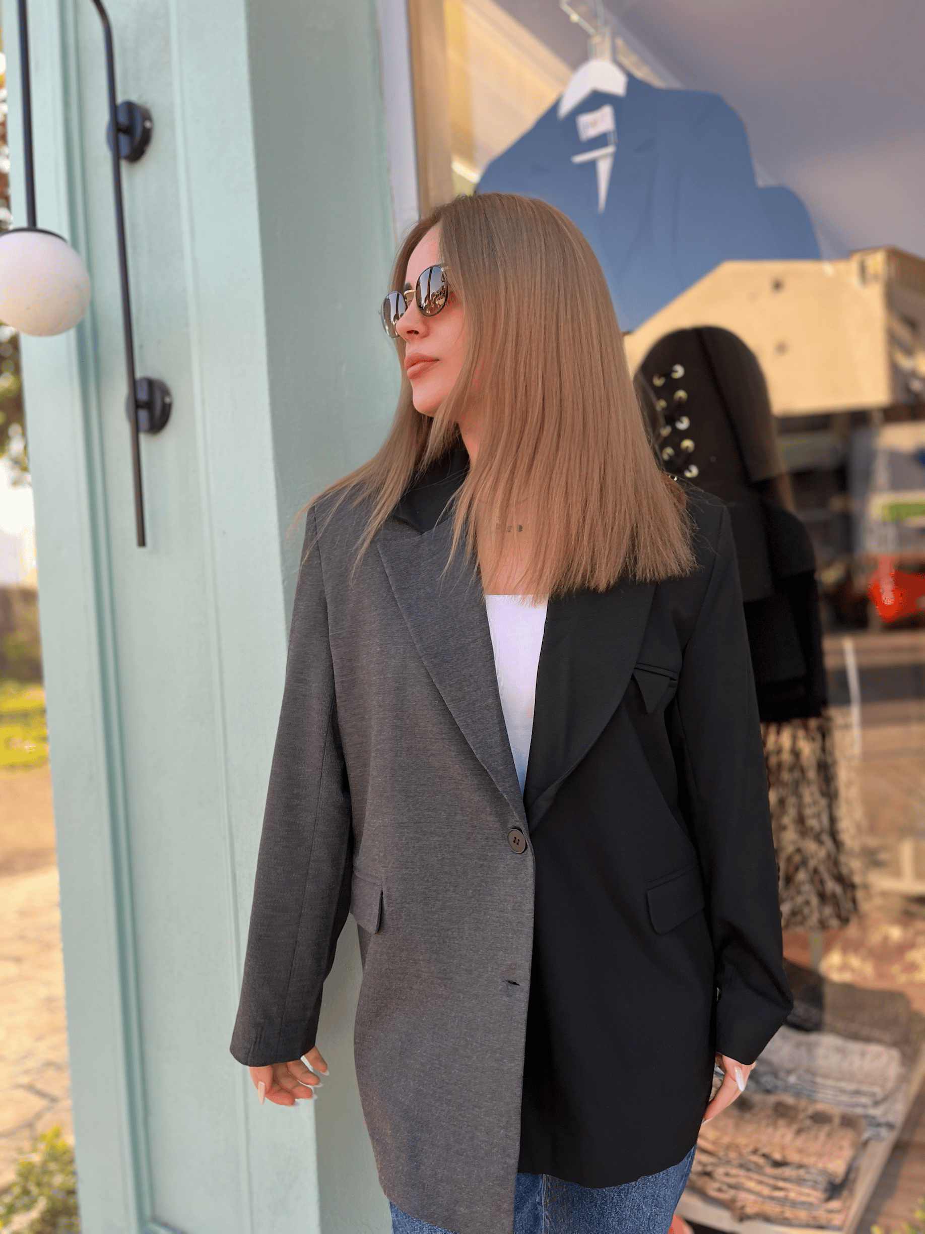 Gri-Siyah Çift Renk Oversize Ceket