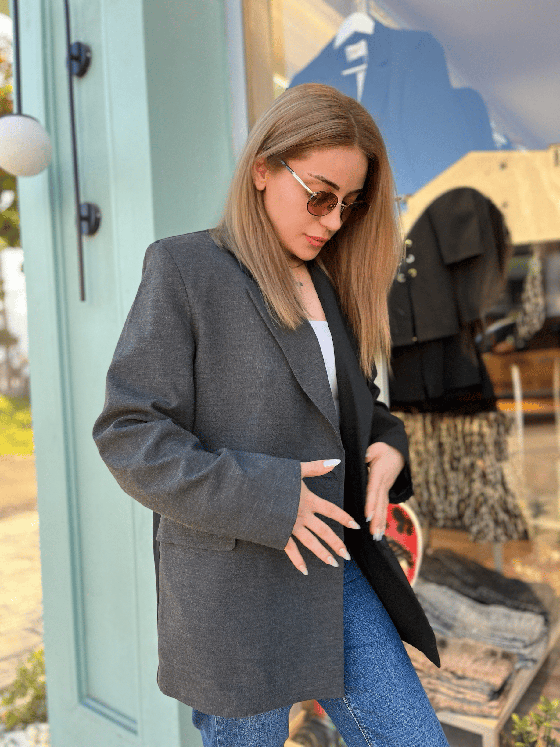 Gri-Siyah Çift Renk Oversize Ceket