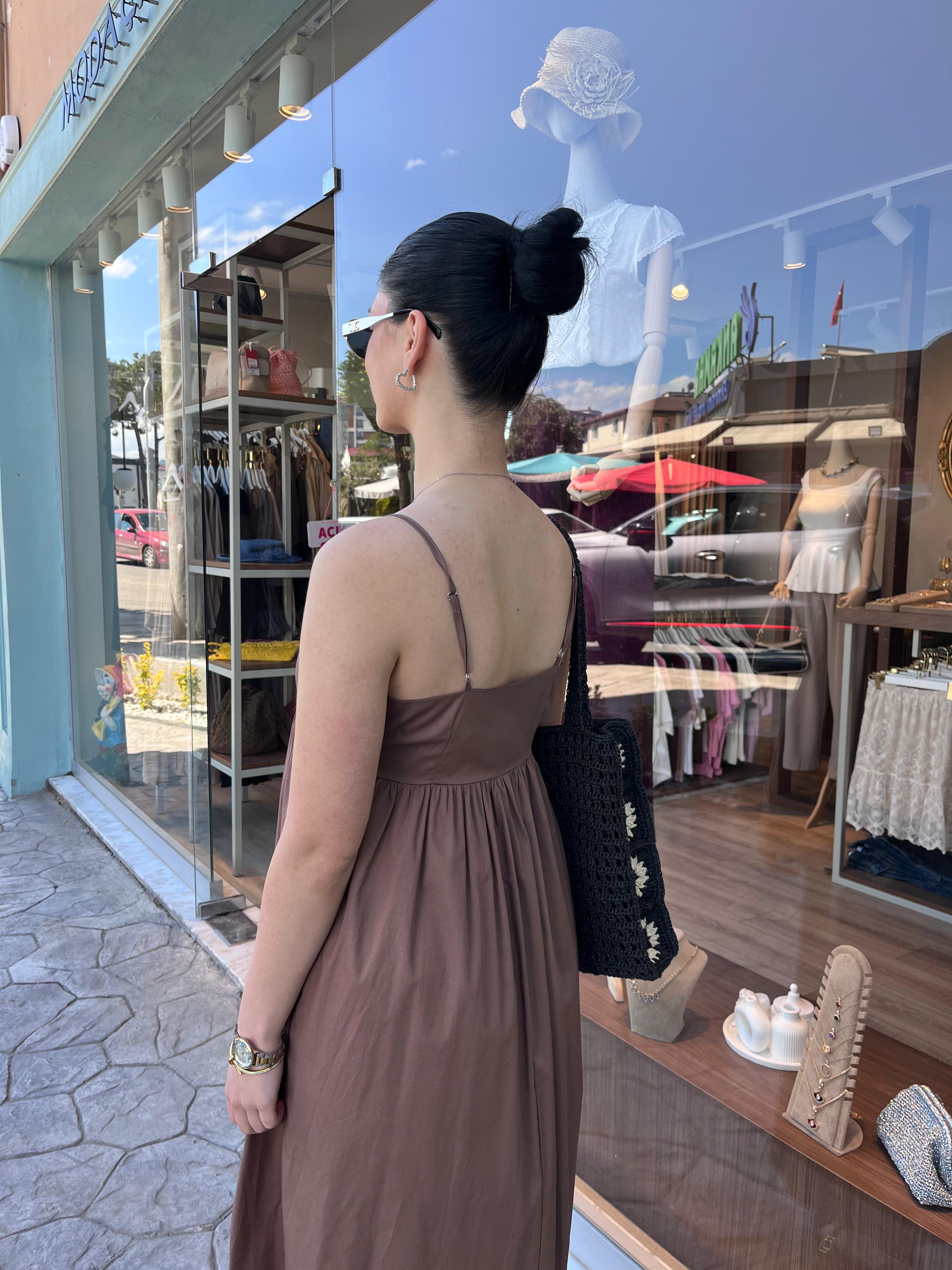 Kahve Askılı Poplin Elbise