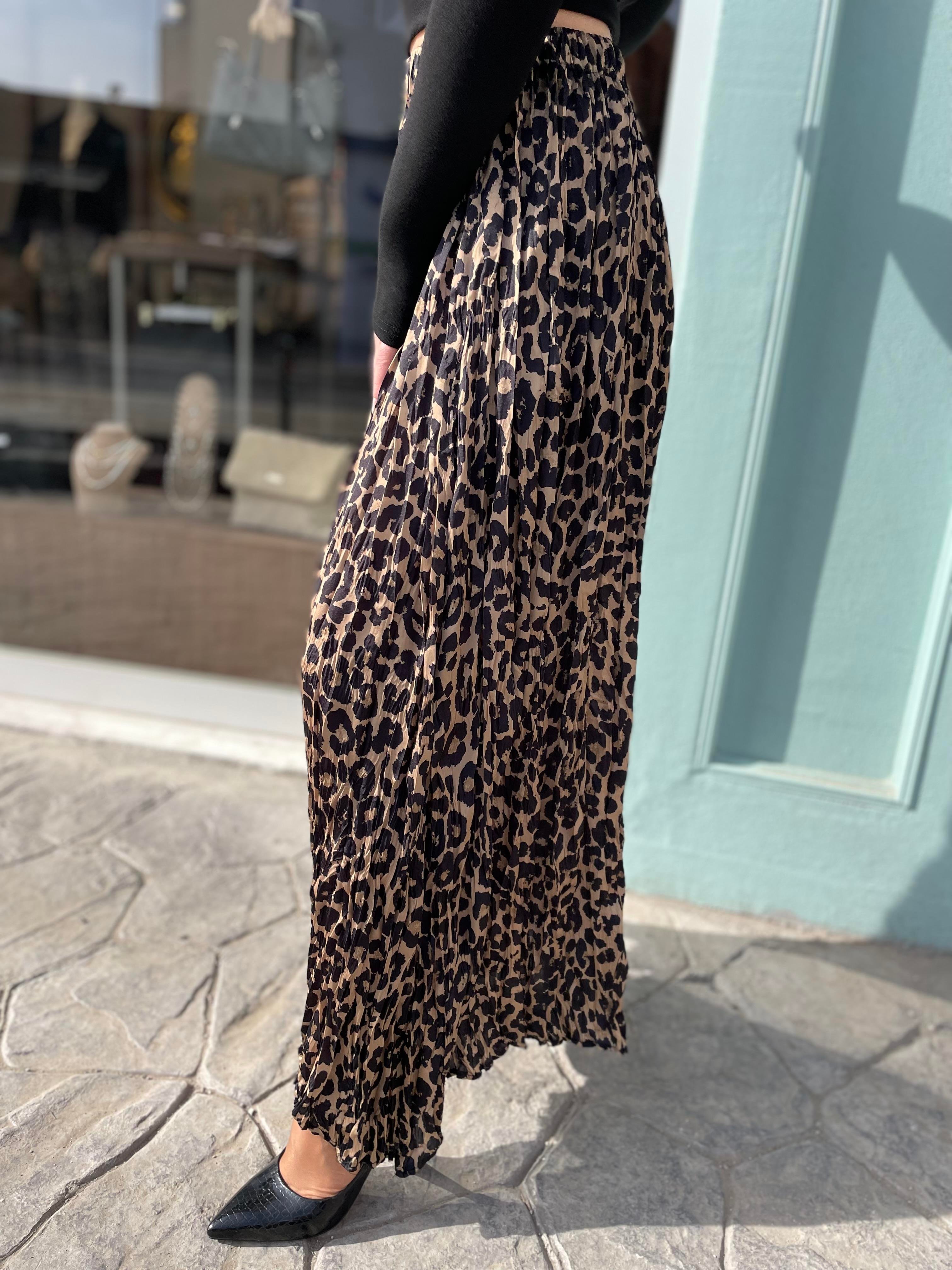 Leopar Desenli Pileli Midi Boy Etek