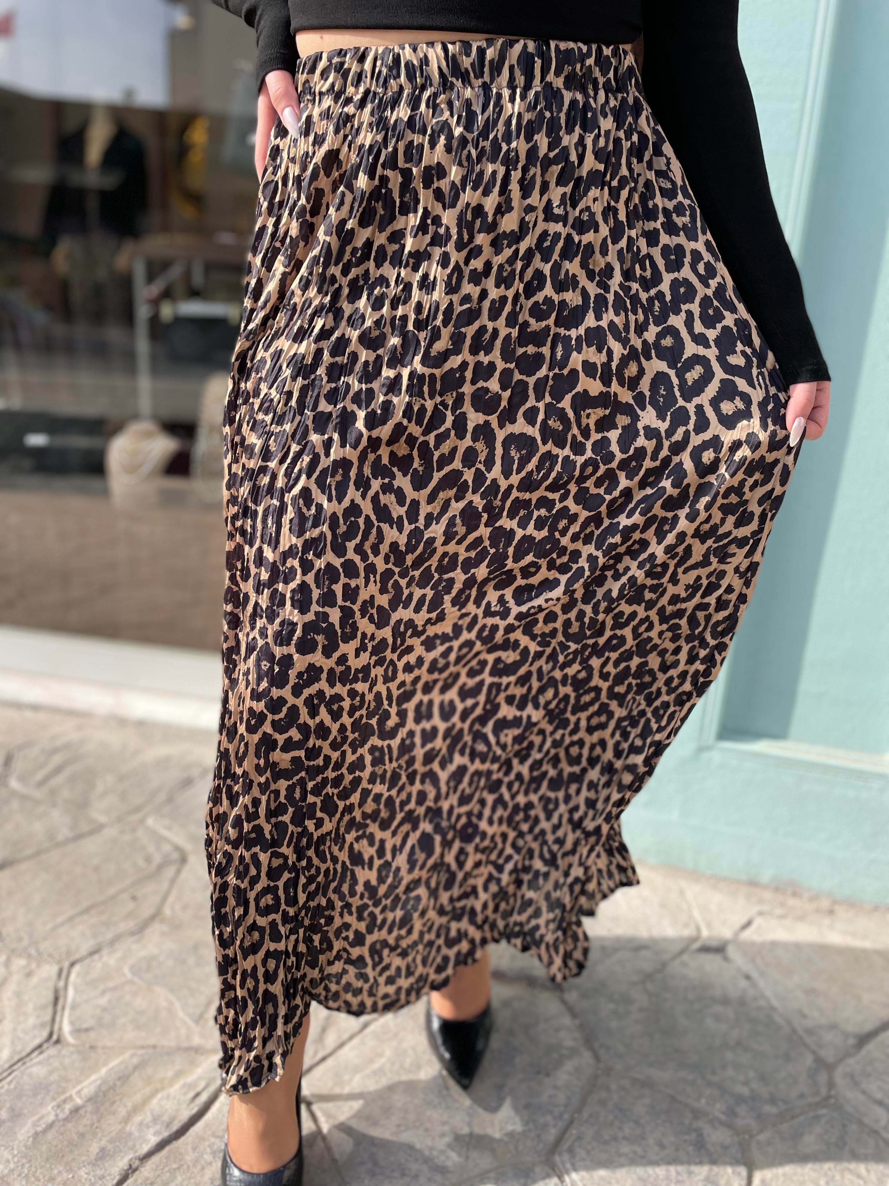 Leopar Desenli Pileli Midi Boy Etek