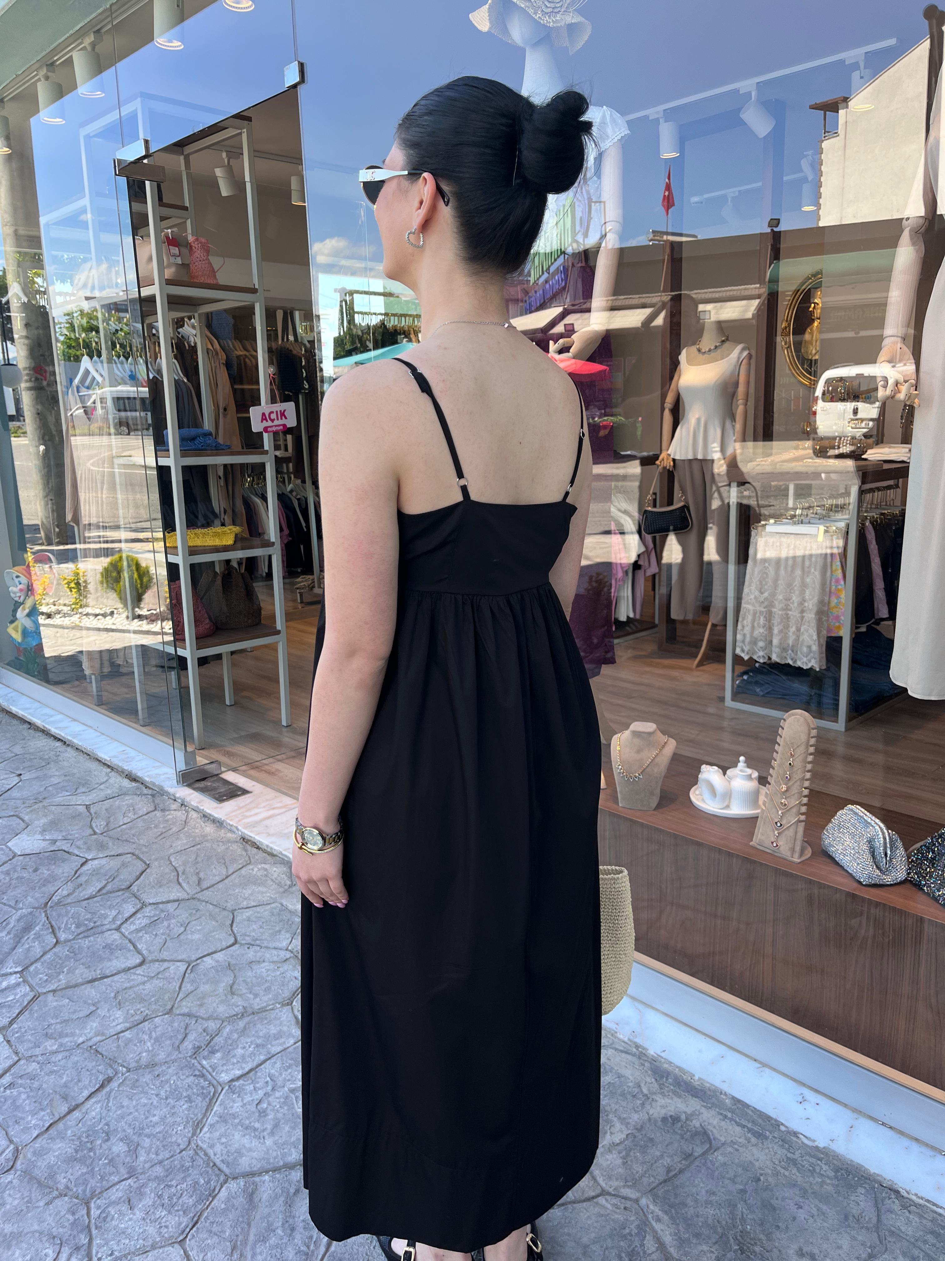 Siyah Askılı Poplin Elbise