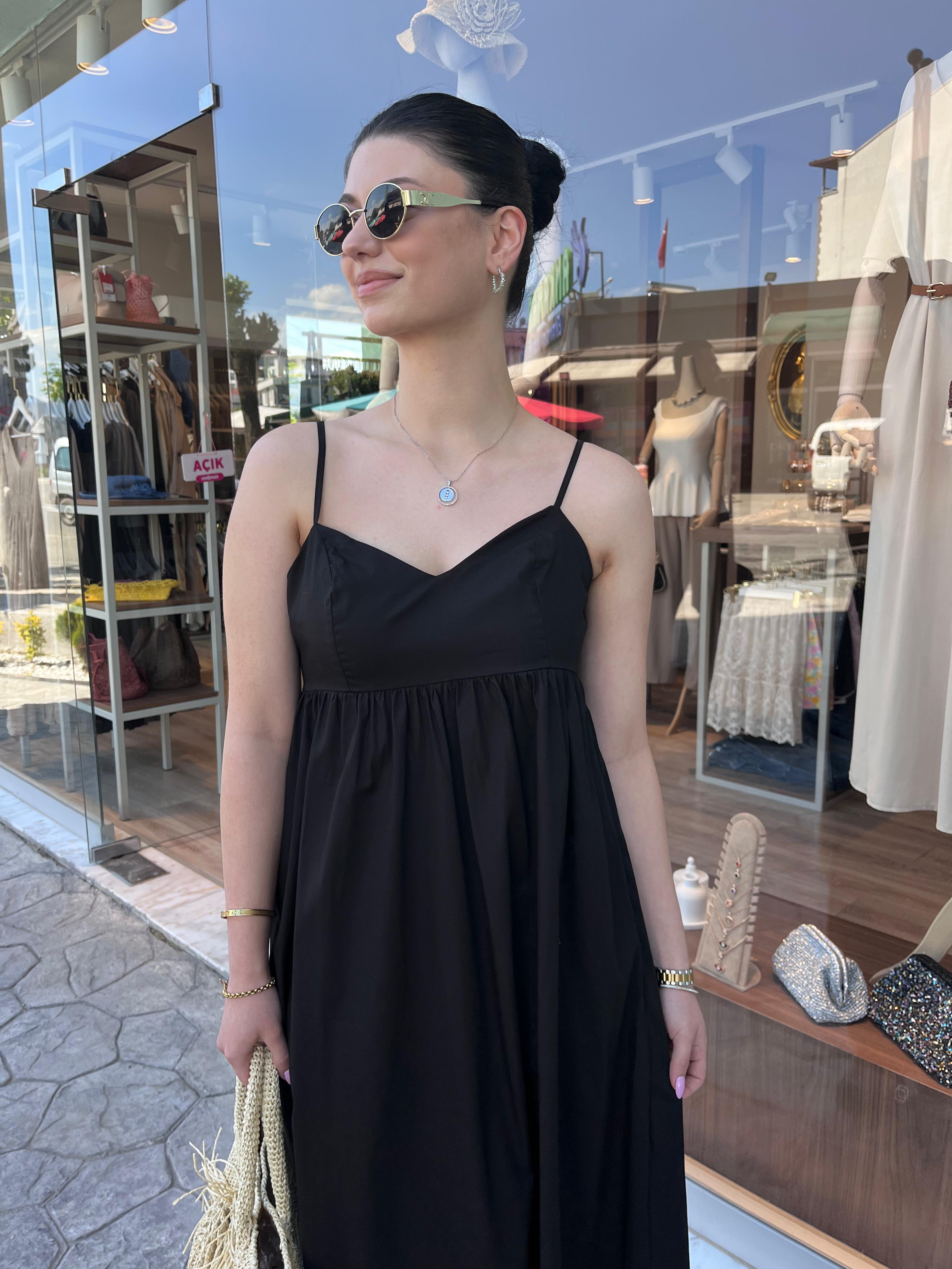 Siyah Askılı Poplin Elbise
