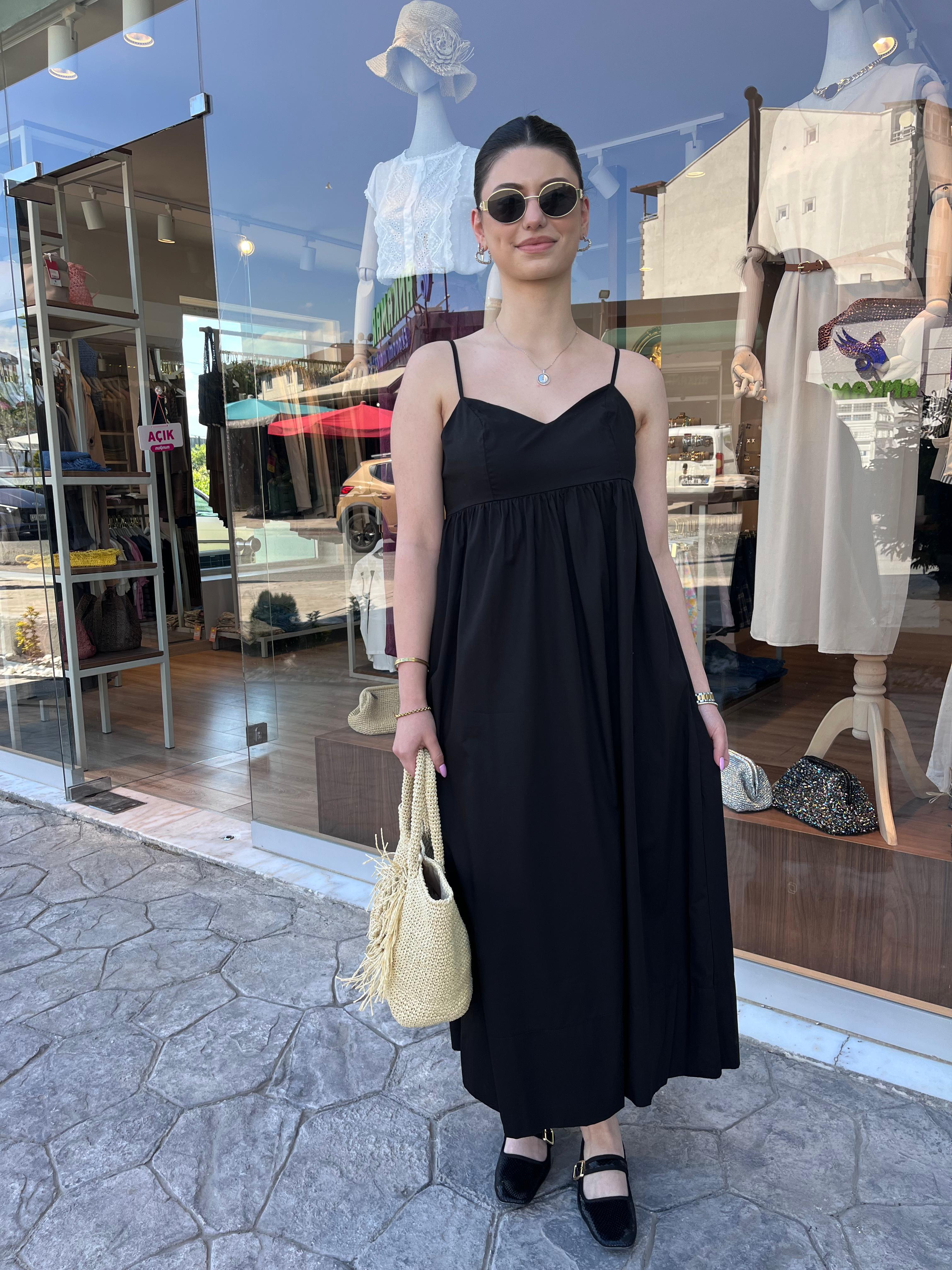 Siyah Askılı Poplin Elbise