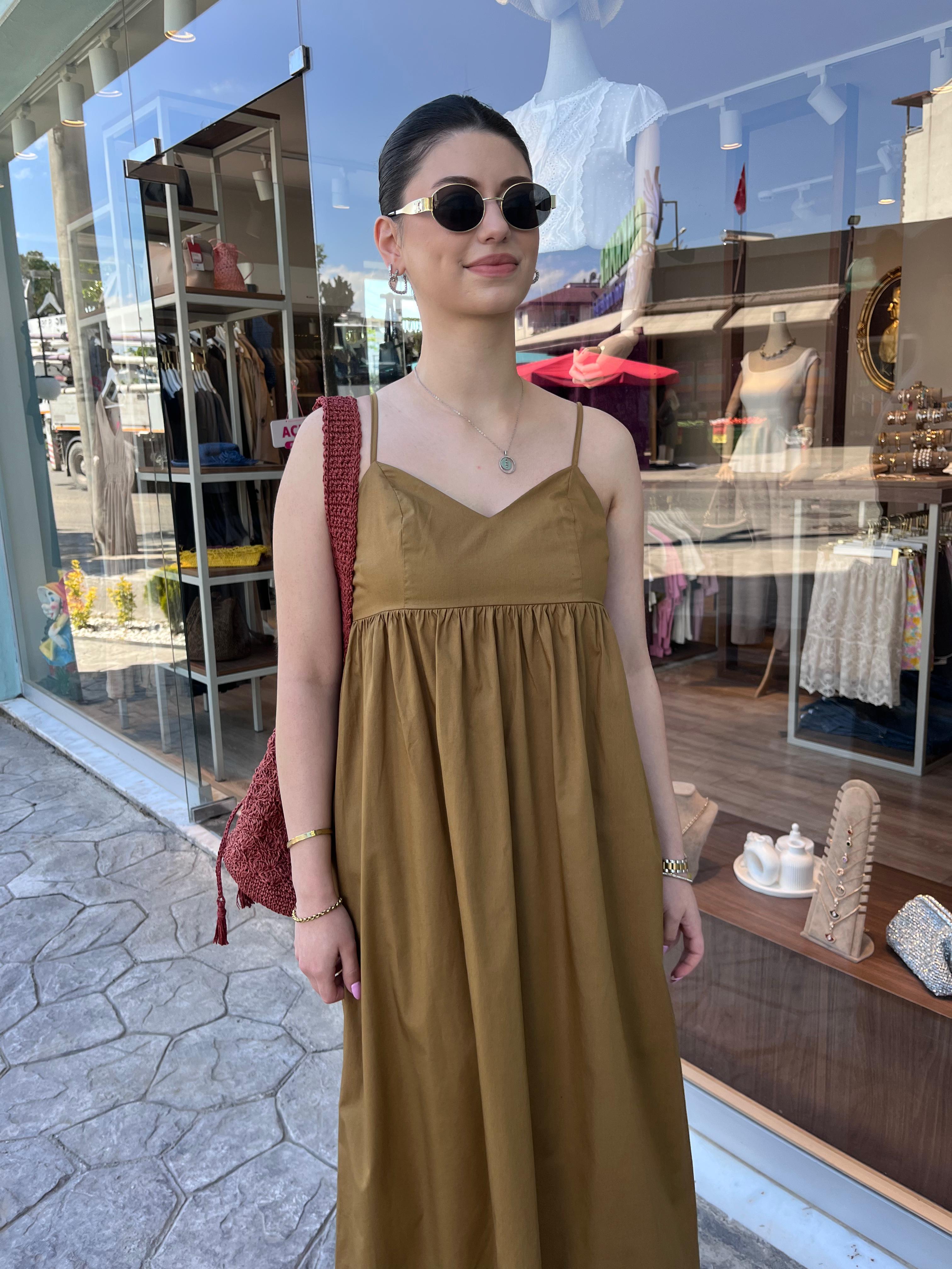 Yağ Yeşili Askılı Poplin Elbise