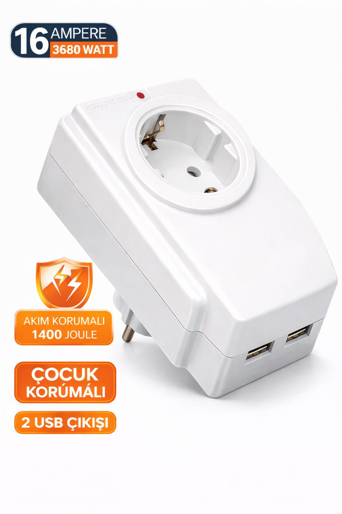 16 Amper 3680 Watt Tekli Akım Korumalı Priz 2 USB Çıkışlı Çocuk Korumalı 1400 Joule