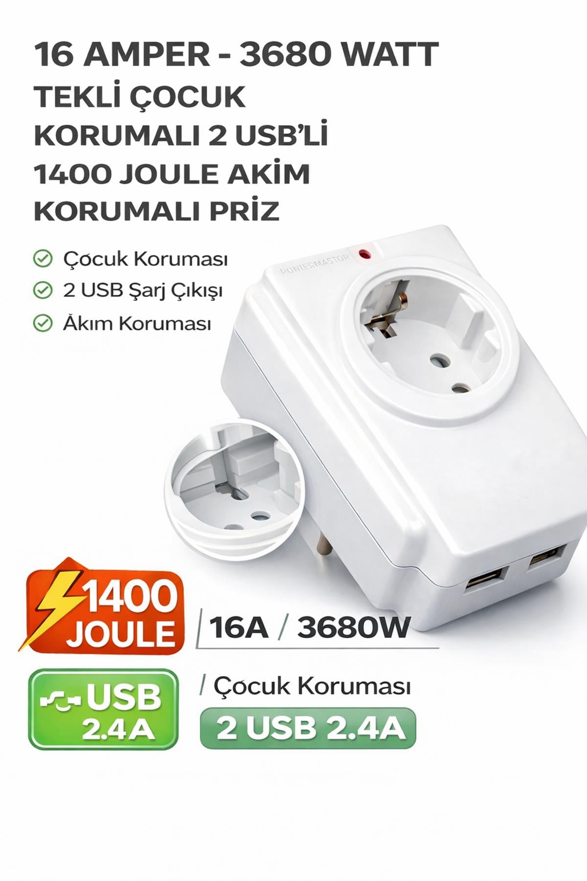 16 Amper 3680 Watt Tekli Akım Korumalı Priz 2 USB Çıkışlı Çocuk Korumalı 1400 Joule