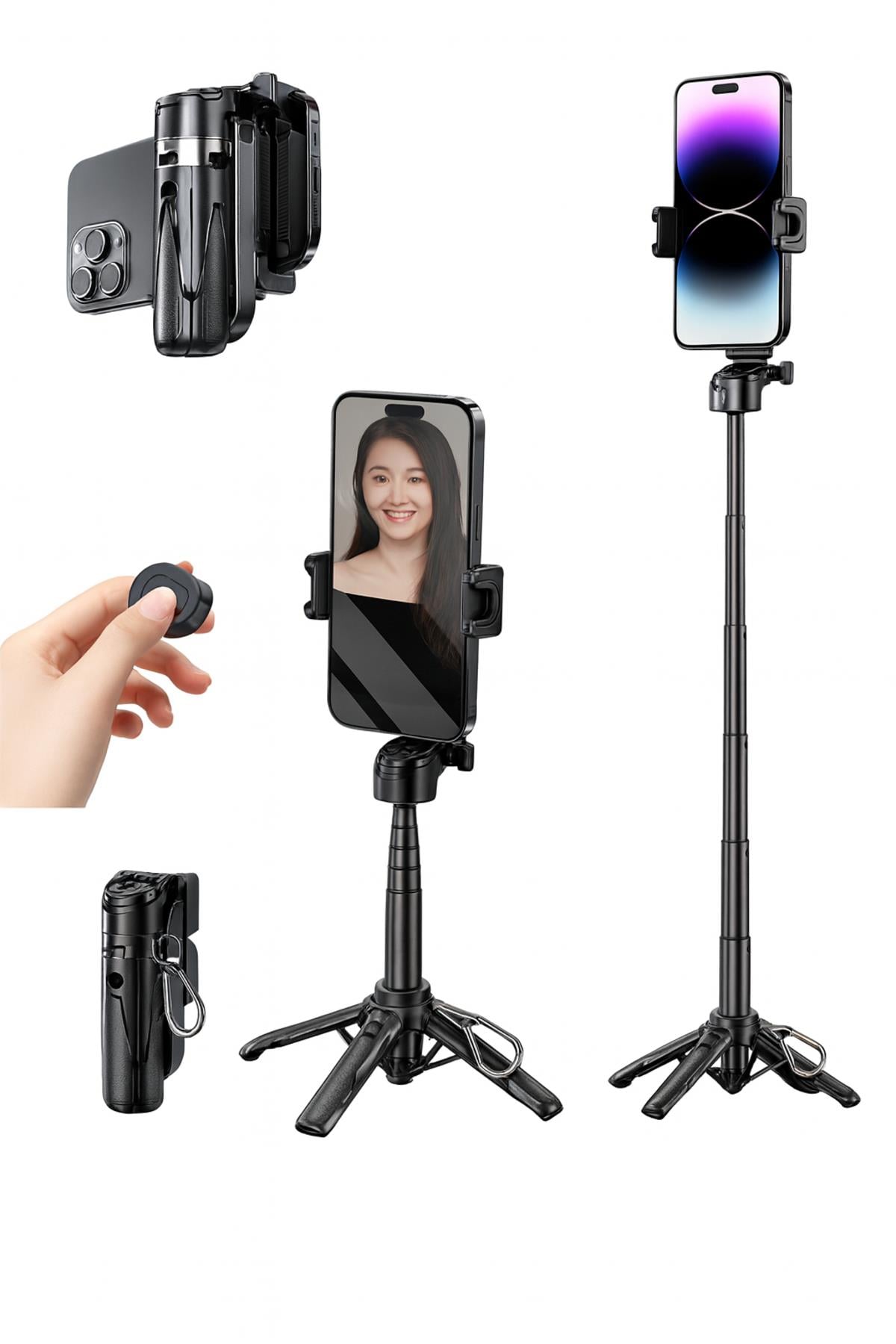 3'ü 1 arada Taşınabilir Mini Tripod & Selfie Çubuğu Titreşim Önleyici Tripod Bluetooth Kumanda 43cm
