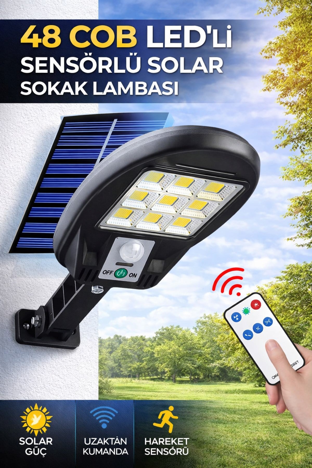 48 COB Led Solar Sokak Lambası Hareket Sensörlü 3 Modlu Bahçe Duvar Aydınlatma Lambası