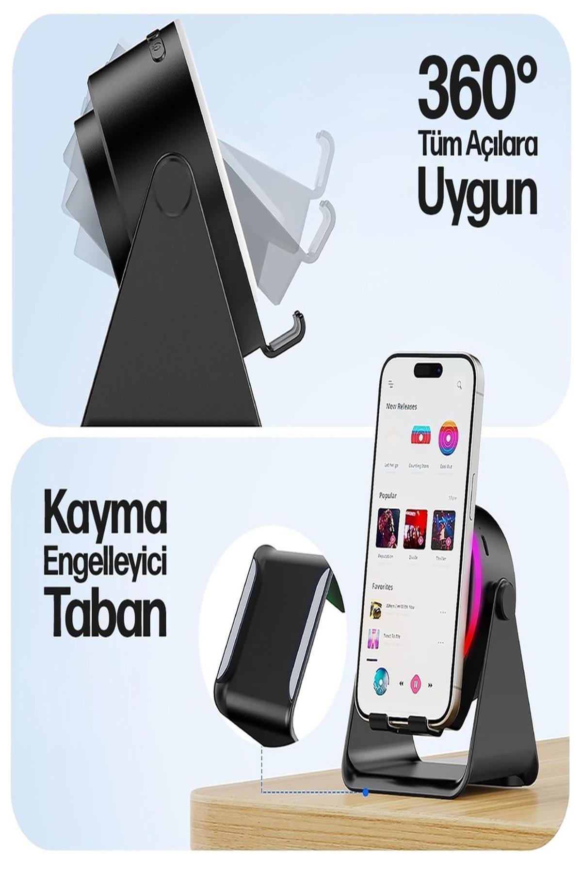 5W İndüksiyonlu Bluetooth Hoparlör 2000mAh RGB Işıklı Standlı Telefon Ses Yükseltici Speaker Güçlü