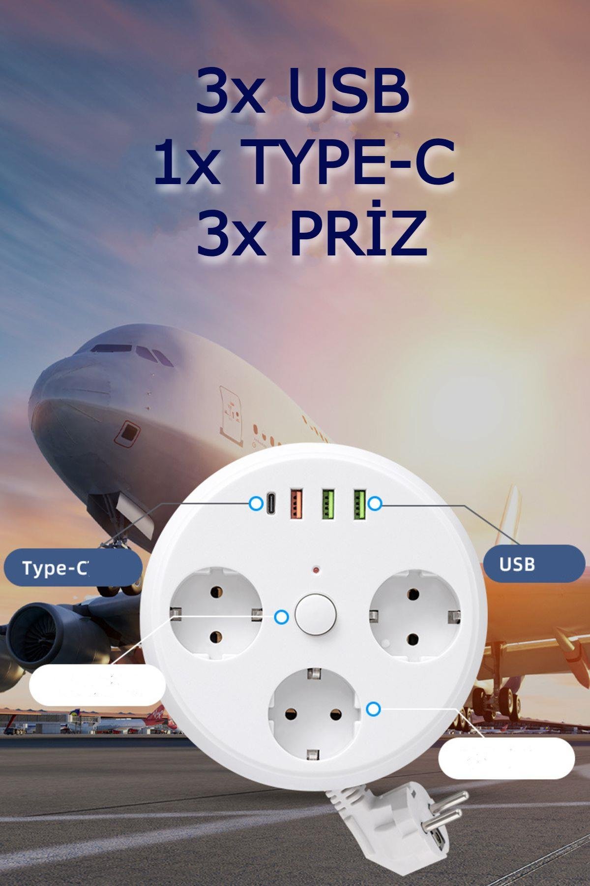 7in1 Makaralı Grup Priz 1.5m Kablo 3 USB-A 1 USB-C Akım Korumalı Hızlı Şarj
