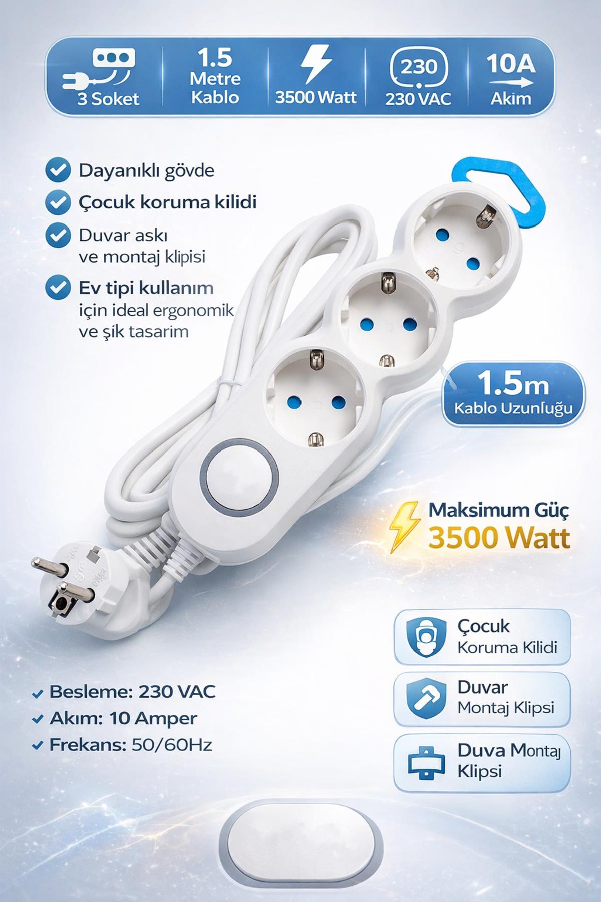 Anahtarlı Üçlü Çoklu Priz 1.5 Metre Kablolu 3500W Çocuk Korumalı Askı Aprat & Duvar Montajlı