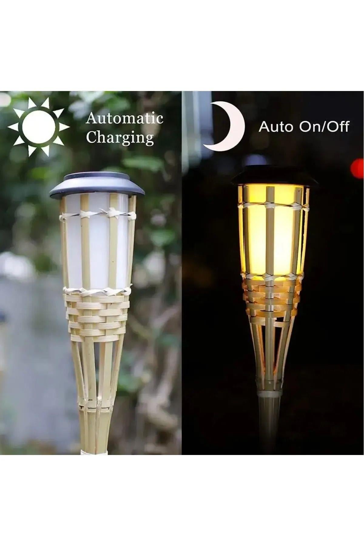 Gerçek Bambu Bahçe Aydınlatma Su Geçirmez Solar Bahçe Lambası Alev Efektli 60 cm
