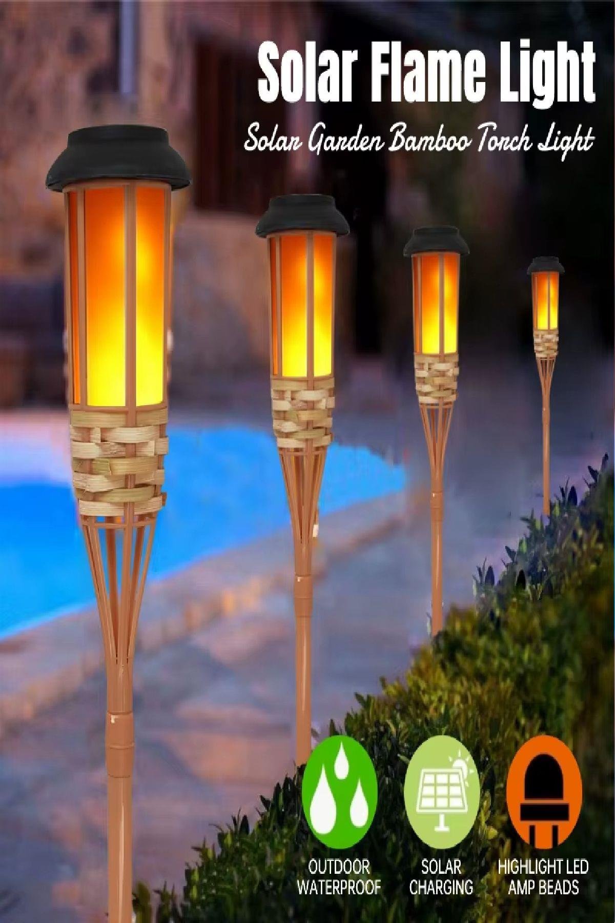 Gerçek Bambu Bahçe Aydınlatma Su Geçirmez Solar Bahçe Lambası Alev Efektli 60 cm